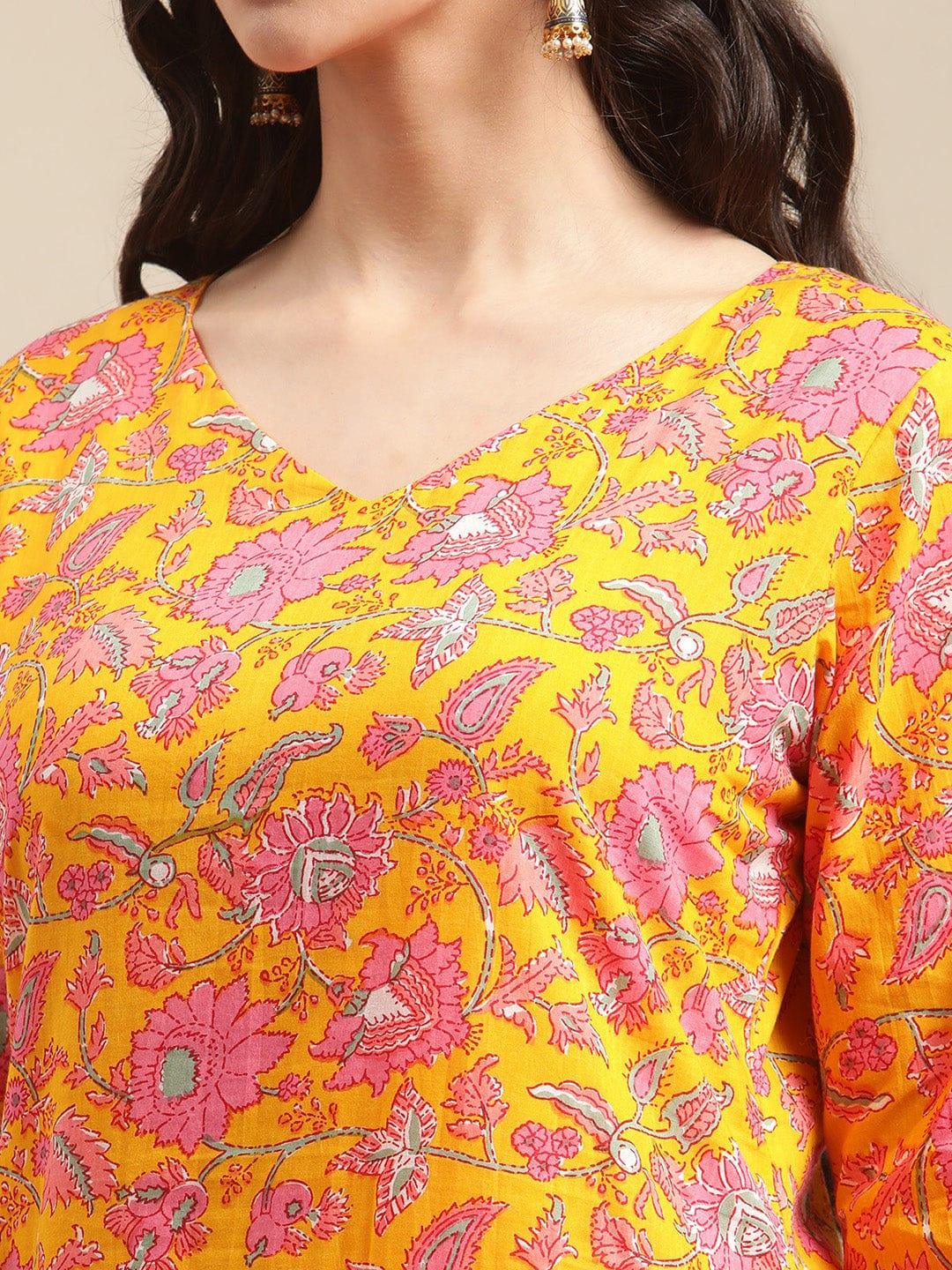 Mustard Floral Printed Kurta With Pom Pom Lace Embellishments On Hemlines - Indiakreations