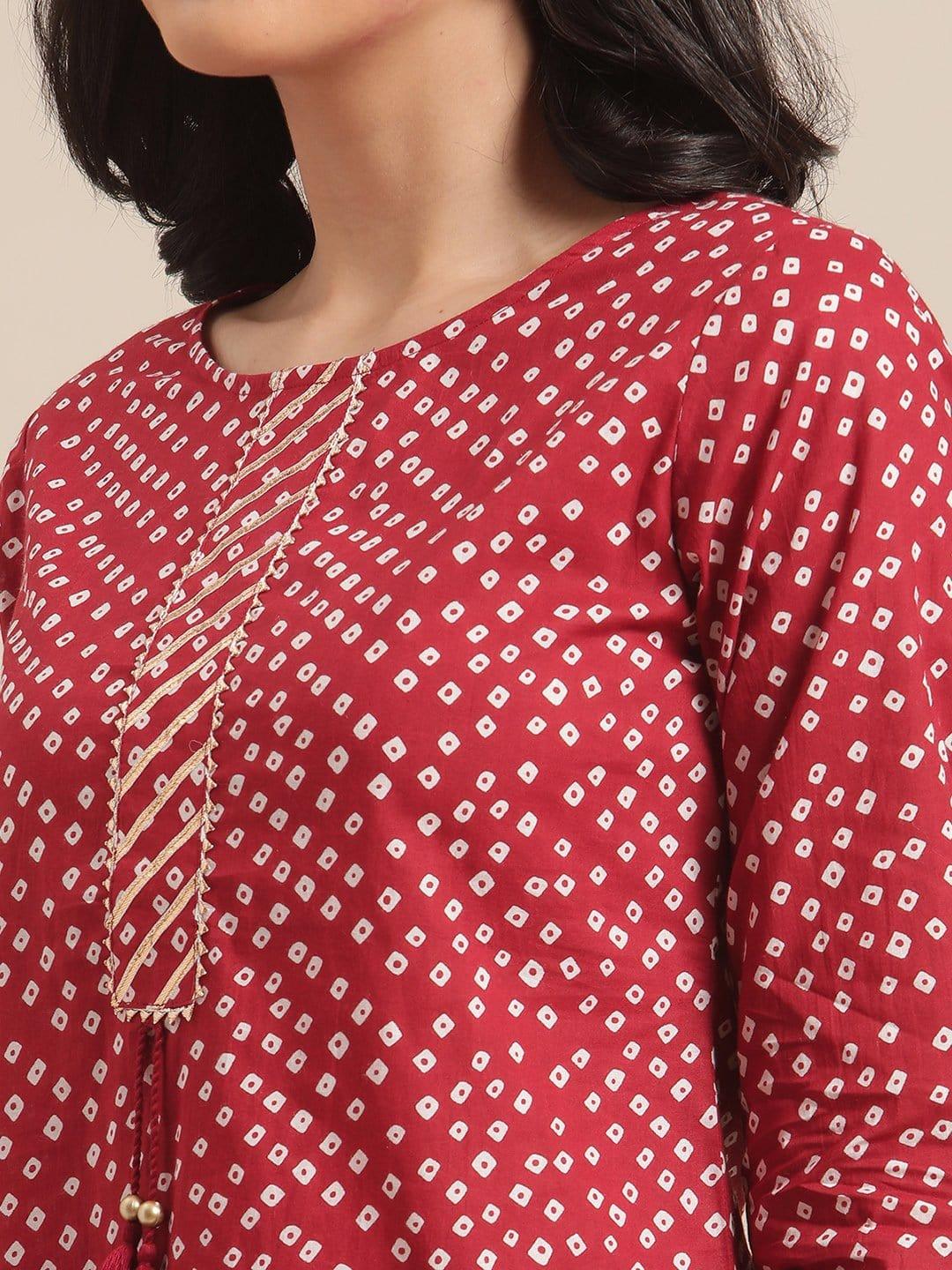 Red Bandhej Kurta With Gota Embellished Placket And 3/4Th Sleeves - Indiakreations