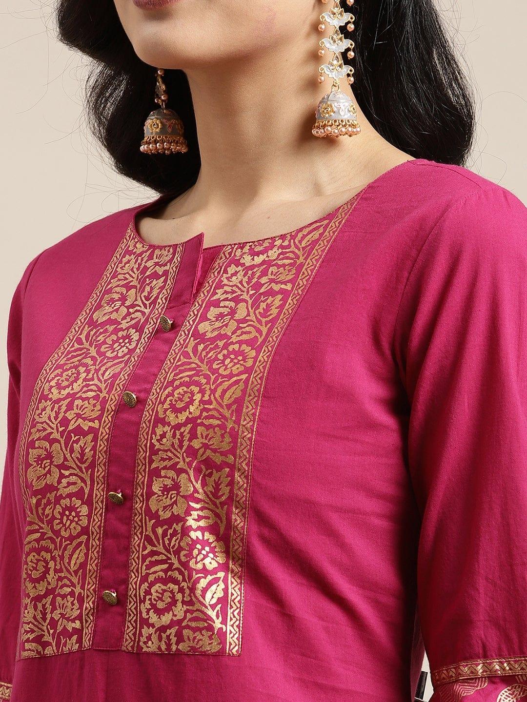 KSUT Magenta Ethnic Motifs Yoke Design Layered Pure Cotton Kurta with Palazzos & With Dupatta - Indiakreations