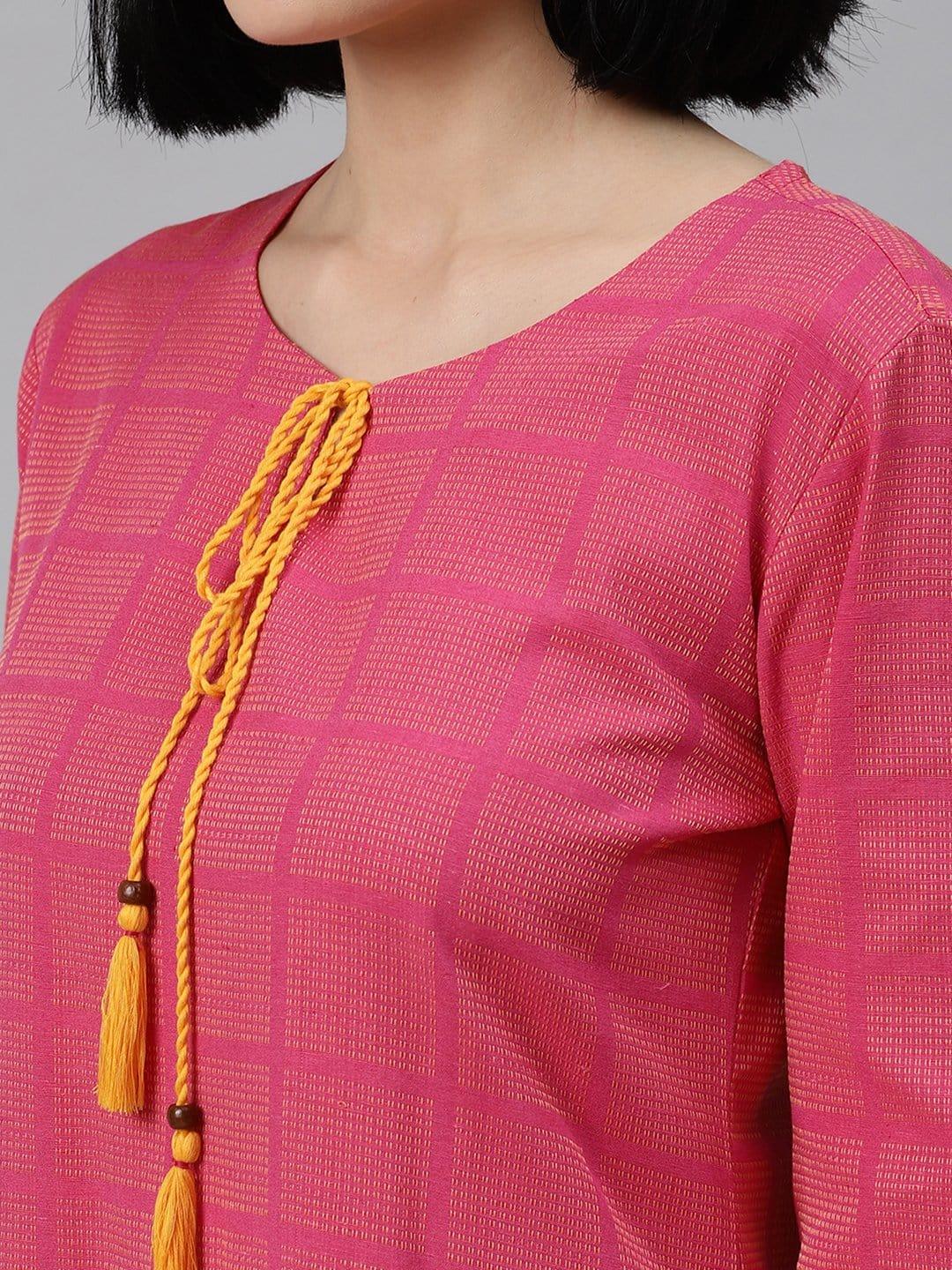 Pink And Mustard Kantha Work Woven Kurta Trouser With Multi Color Silk Dupatta - Indiakreations