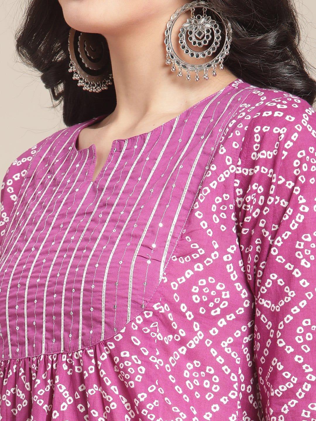 Mauve And Off White Bandhej Printed Kurta With Sequins And Gota Work Embellishment On Yoke - Indiakreations