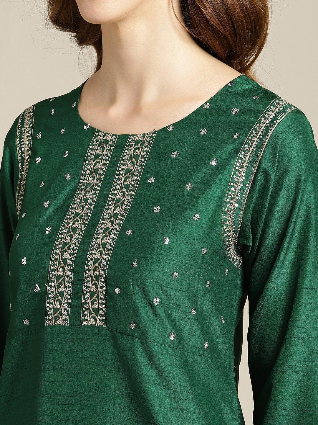 Bottle Green Sequins Work Embellished Kurta Palazzo Set With Maroon And Green Bandhej Dupatta - Indiakreations