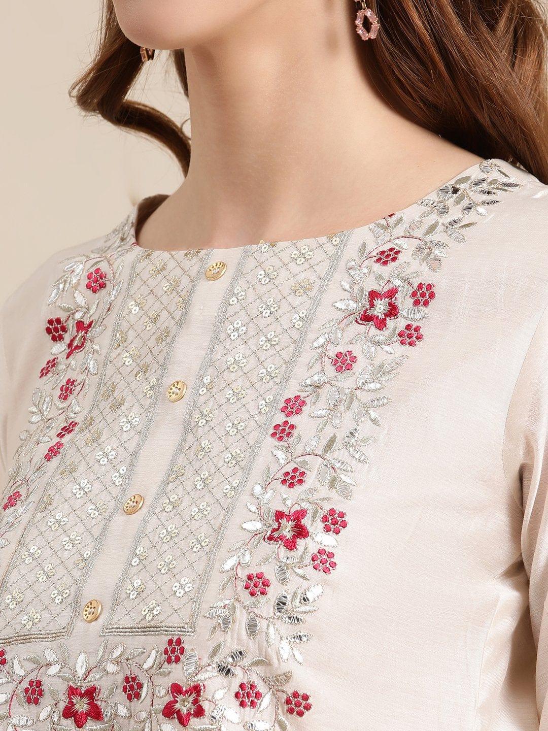 Off White And Pink Floral Embroidery Yoke With Pink Silk Trouser And Banarasi Dupatta - Indiakreations