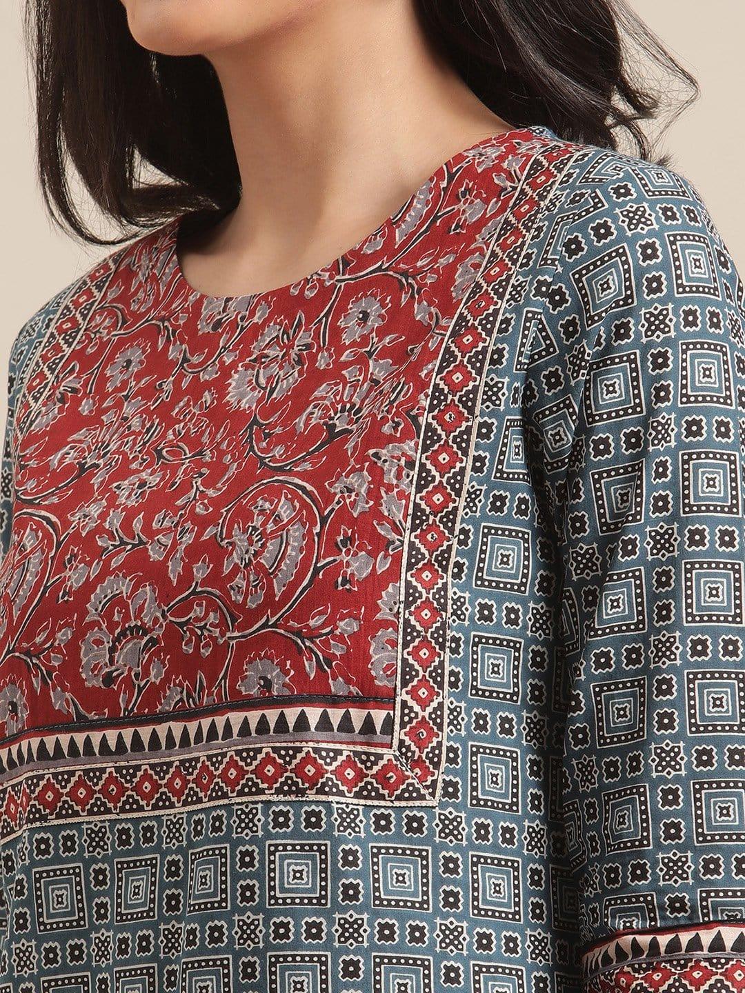 Blue And Maroon Printed Round Neck Straight Kurta With Contrast Printed Yoke And 3/4Th Regular Sleeves - Indiakreations