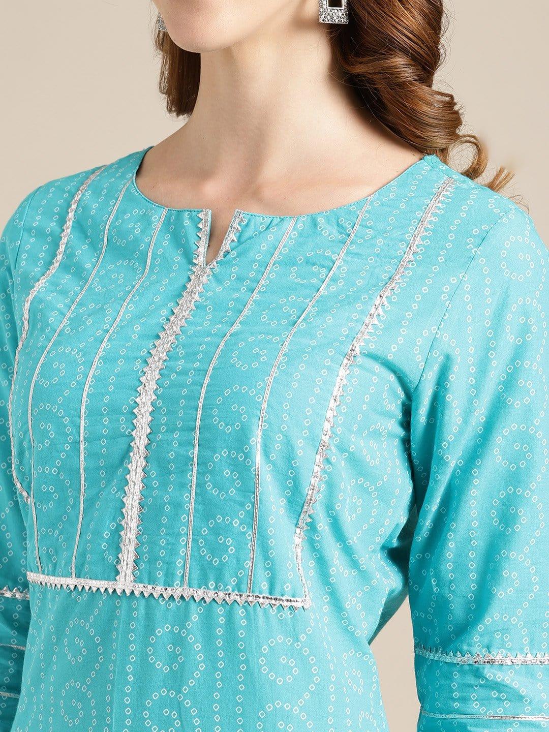 Blue And Off White Bandhej Printed Kurta With Gota Laces On Yoke And Sleeves - Indiakreations