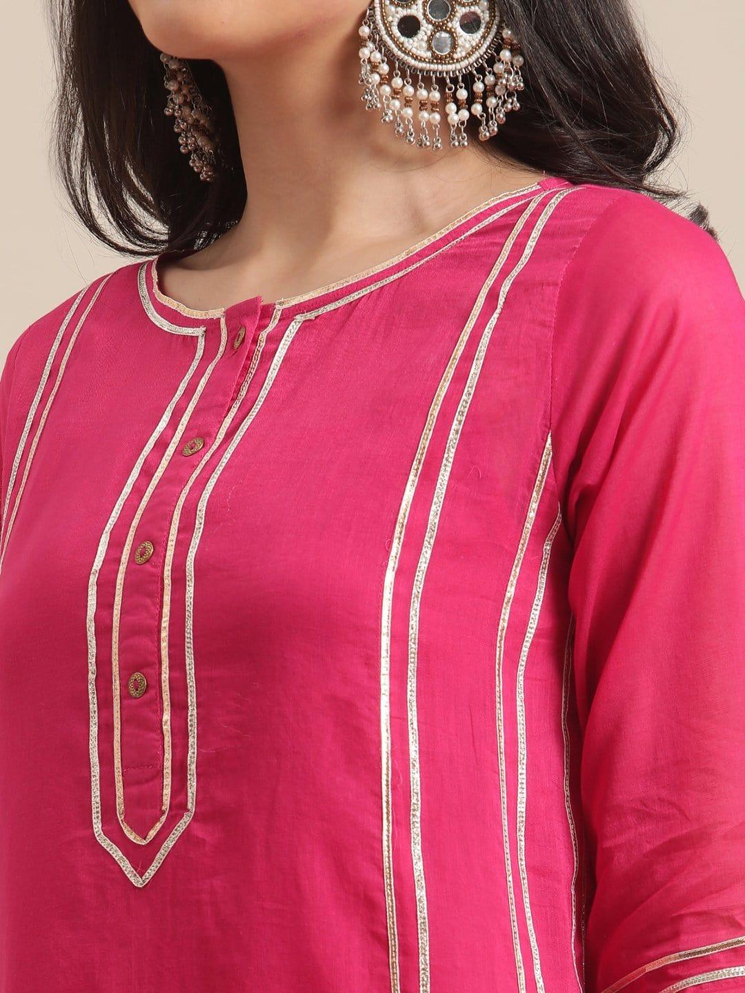 Fuchsia Gota Embellished Kurta With Off White Gota Embellished Palazzo - Indiakreations