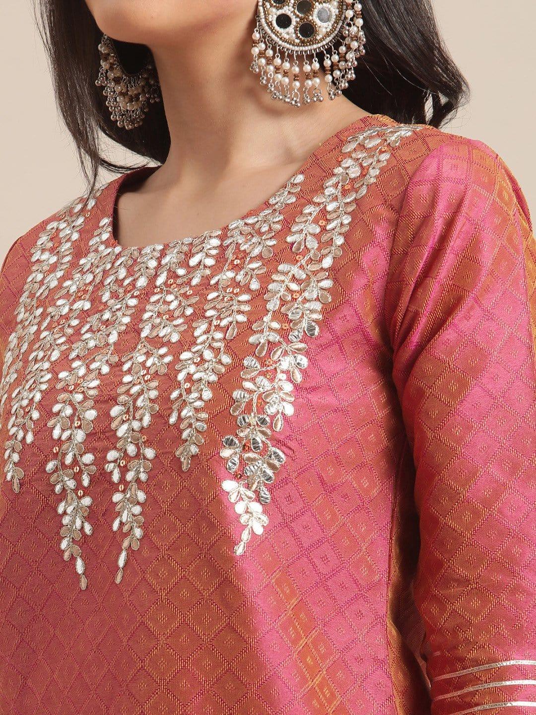 Coral Gota Patti Kurta With Gota Embellishmant On Sleeves - Indiakreations