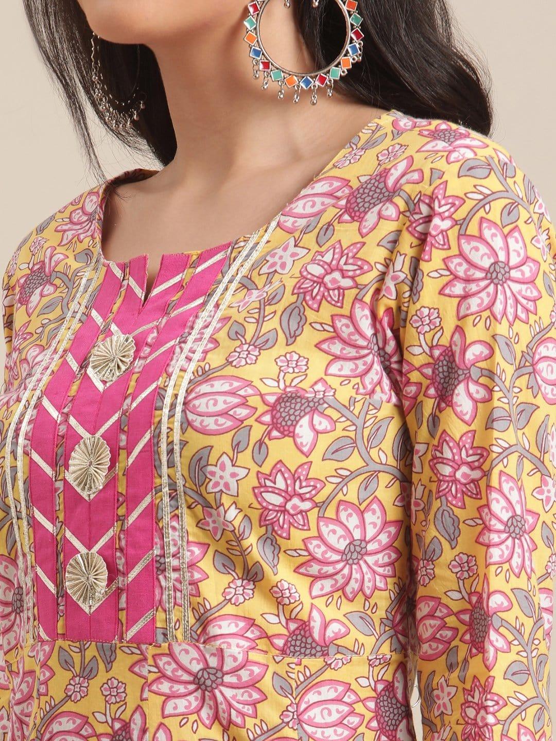 Yellow And Pink Floral Printed Flared Anarkali Kurta With Round Neck And Regular Sleeve - Indiakreations