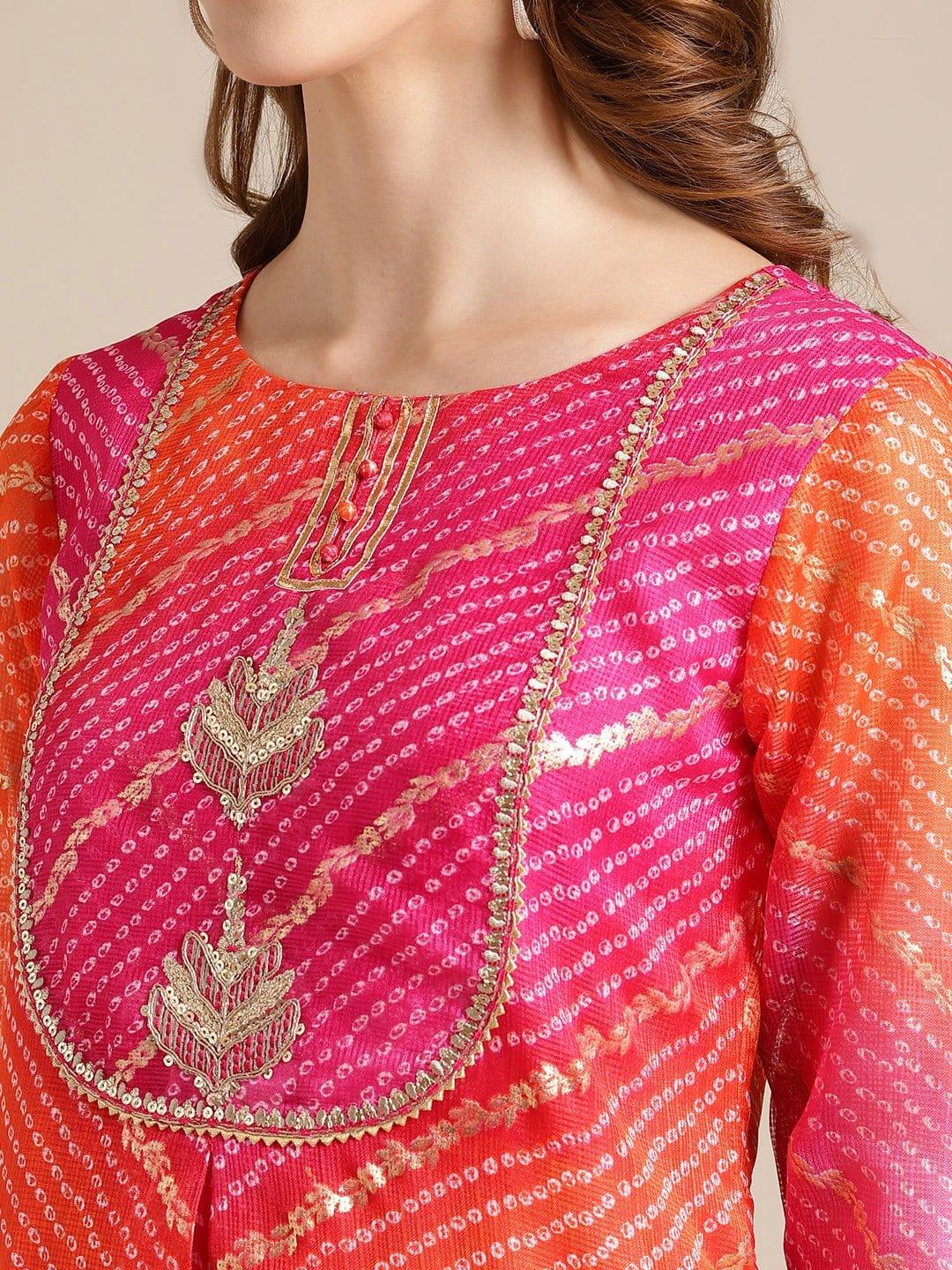 Pink And Orange bandhej foil printed kurta with off white silk and organza embroidered trouser - Indiakreations