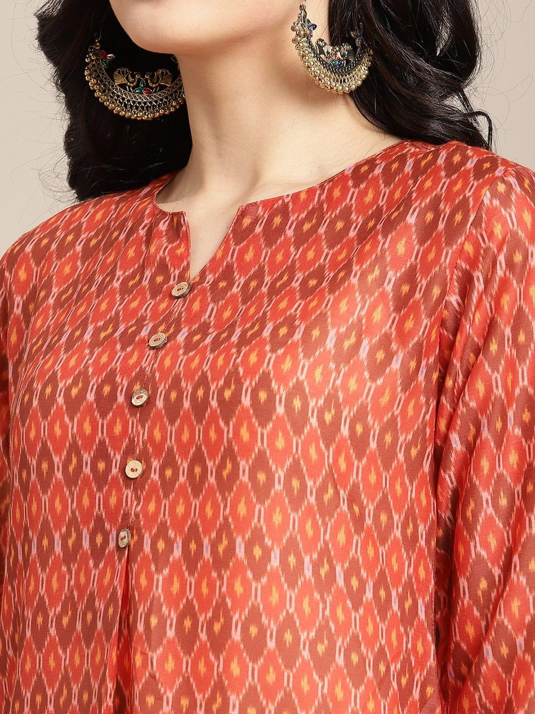 Rust Colored Round Neck Ikat Printed A-Line Kurta With3/4Th Sleeves - Indiakreations