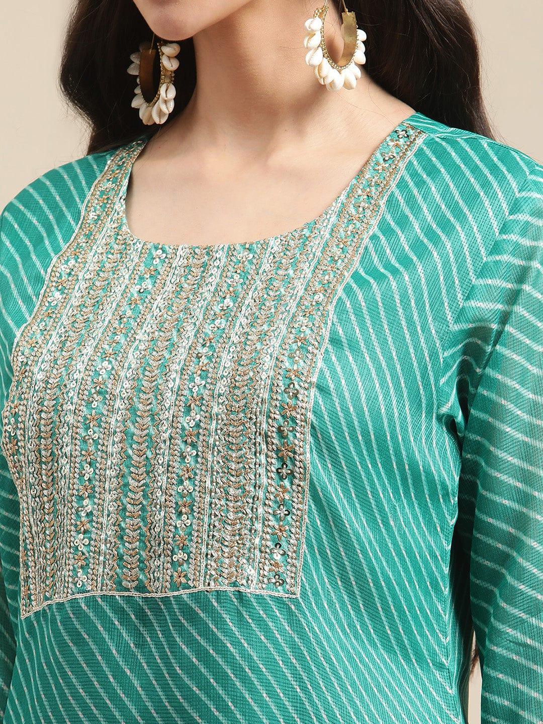 Turquoise Blue Yoke Embroidered Straight Leheriya Kurta - Indiakreations