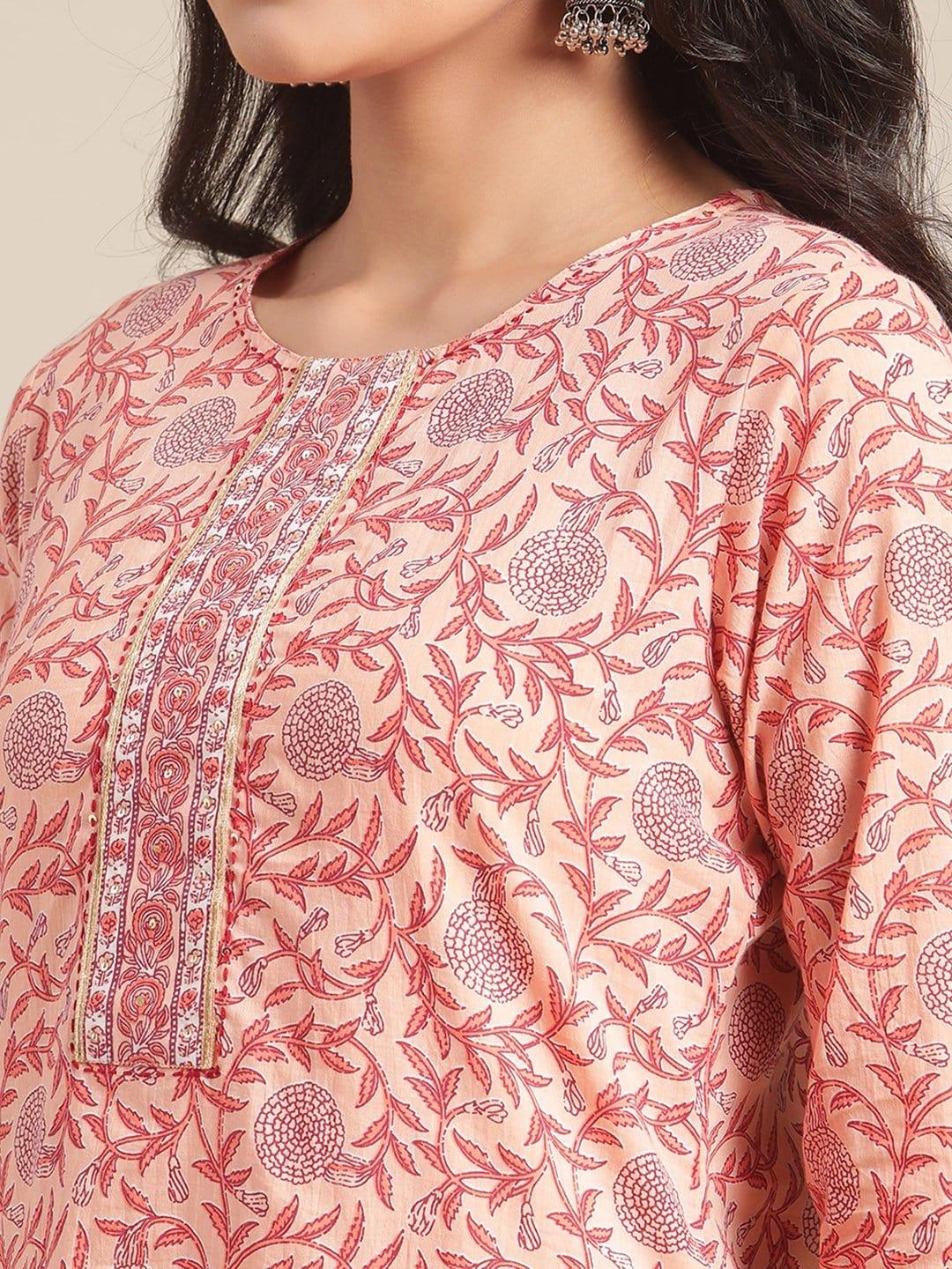 Peach floral cotton printed kurta with handwork detailing on the yoke - Indiakreations