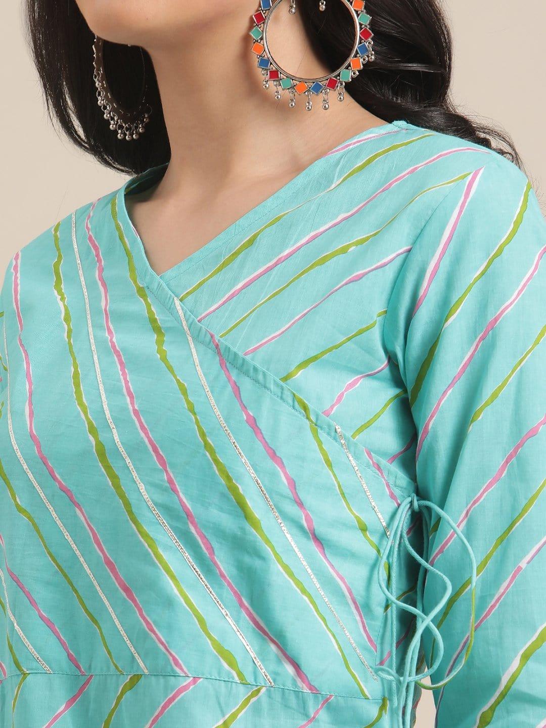 Turquoise And Pink Leheriya Printed Kurta With Gota Embellished Yoke - Indiakreations