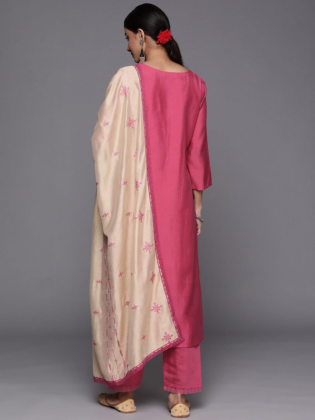 Varanga Women Pink Ethnic Motifs Embroidered Thread Work Kurta with Trousers & With Dupatta - Indiakreations