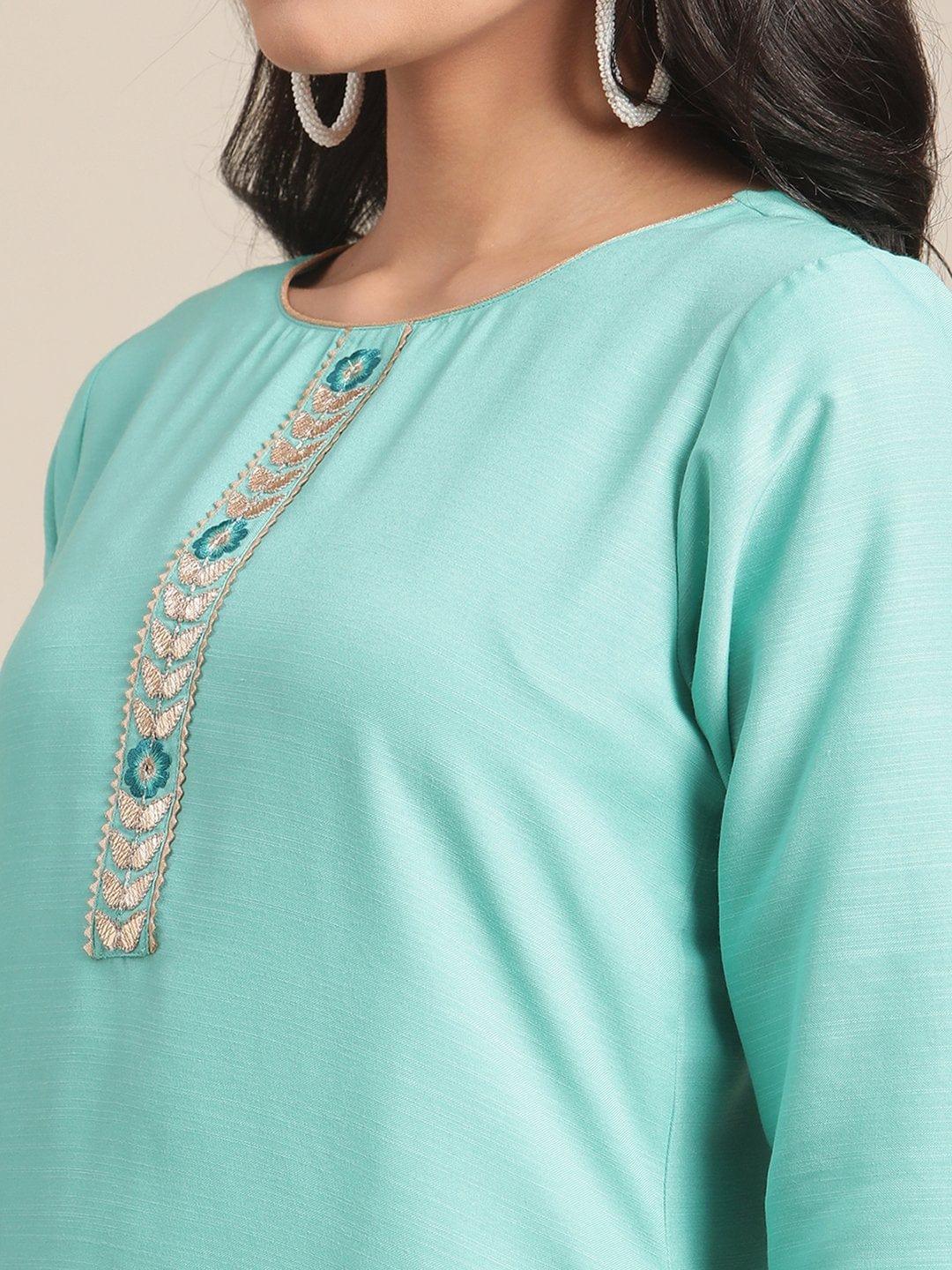 Sea Green Straight Kurta With Placket Embroidery Paired With Troser And Dupatta - Indiakreations