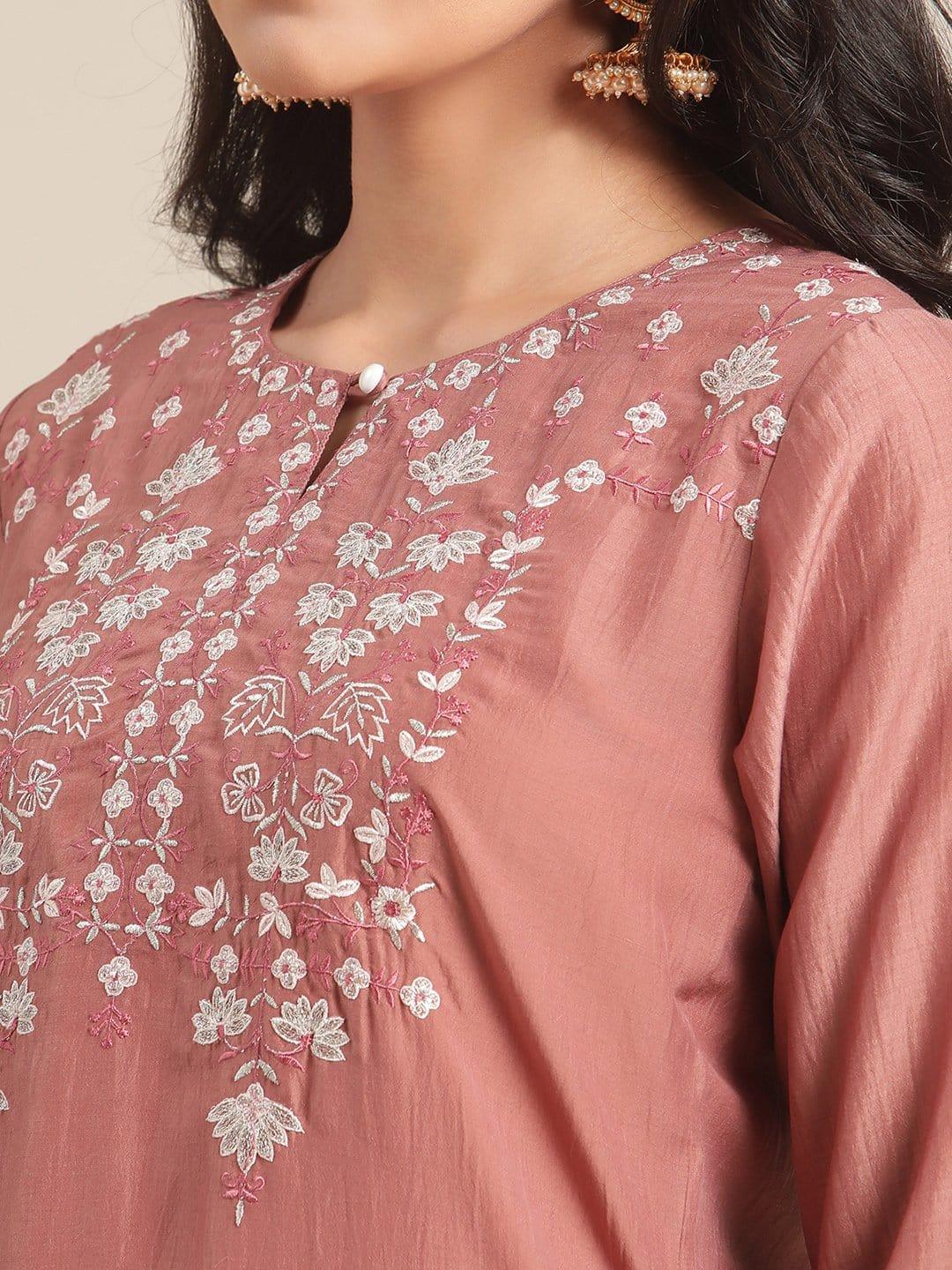 Coral Embroidred Straight Kurta With Round Neckline And Regular Sleeve - Indiakreations