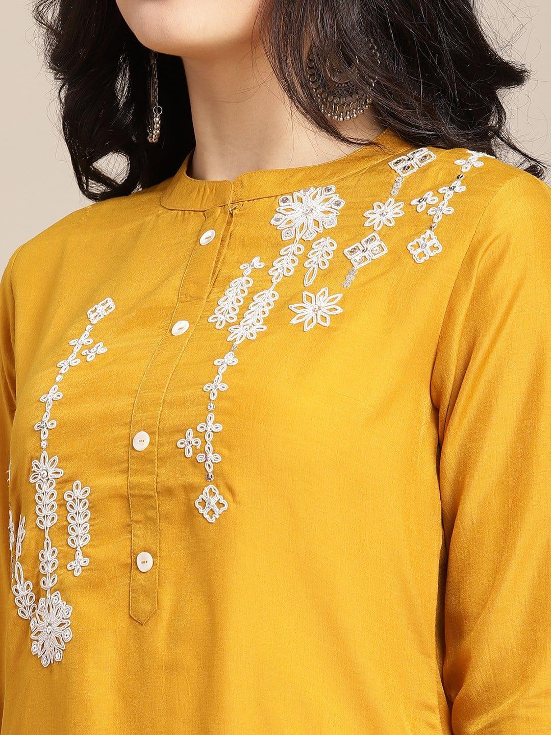 Mustard Dori Embroidery Kurta With Pink Flared Palazzo And Bandhej Tye & Dye Dupatta - Indiakreations