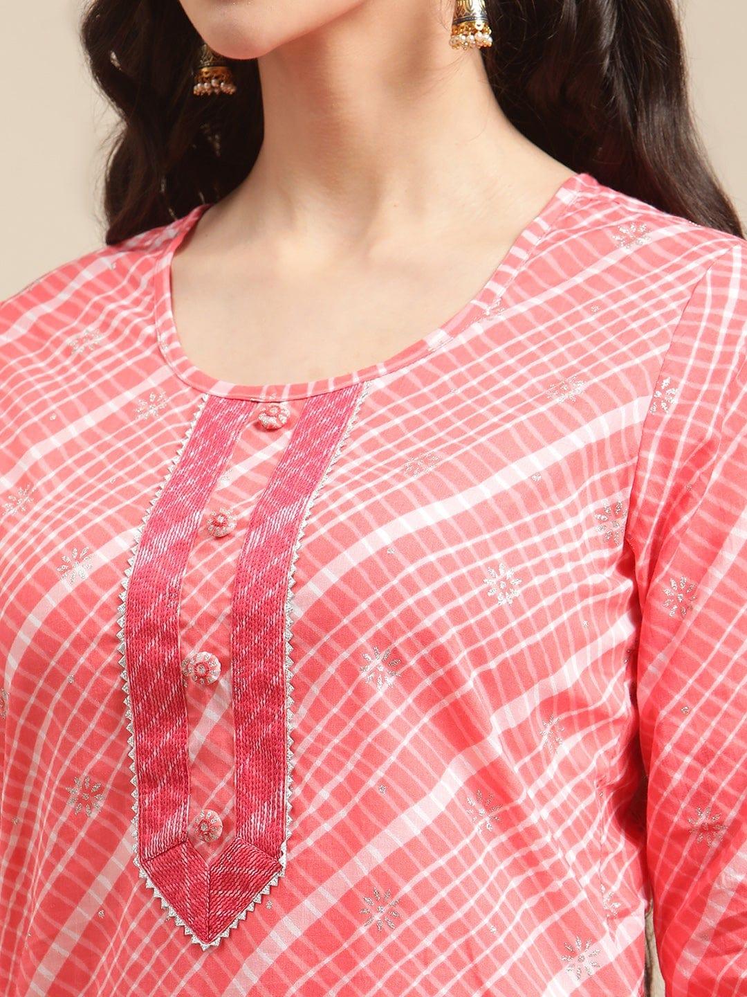 Peach And White Leheriya Striped Kurta With Gota And Thread Embroidery On Yoke - Indiakreations