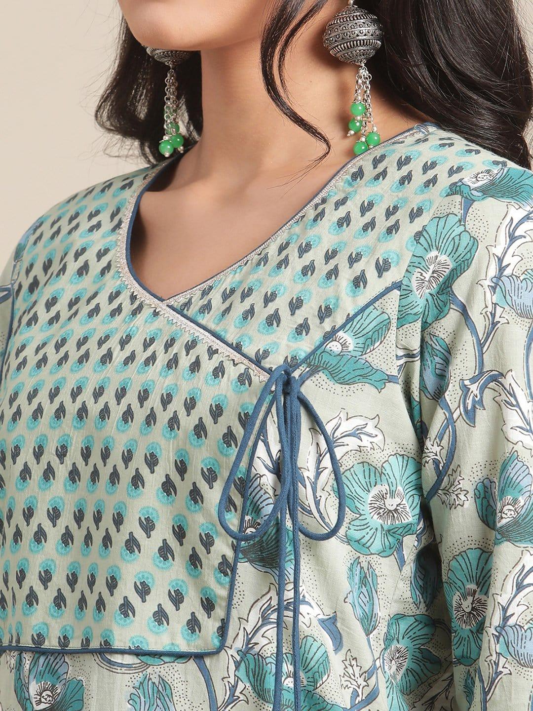 Floral Printed Angrakha Neckline Kurta Paired With Printed Gathered Palazzo - Indiakreations