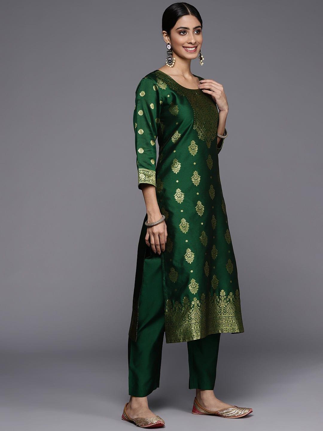 Varanga Women Green Ethnic Motifs Yoke Design Kurta with Trousers & With Dupatta - Indiakreations