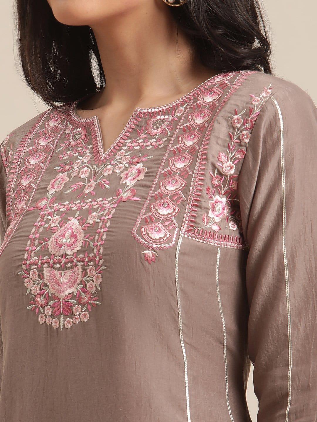 Beige And Pink Colour Thread Embroidred Flared Kurta With Straight Pant And Regular Sleeves And Paired With Contrast Dupatta - Indiakreations