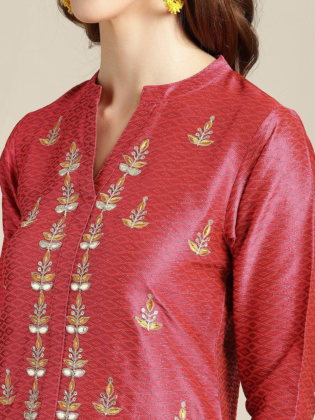 KSUT Coral Red & Mustard Yellow Ethnic Motifs Embroidered Kurta Set With Dupatta - Indiakreations