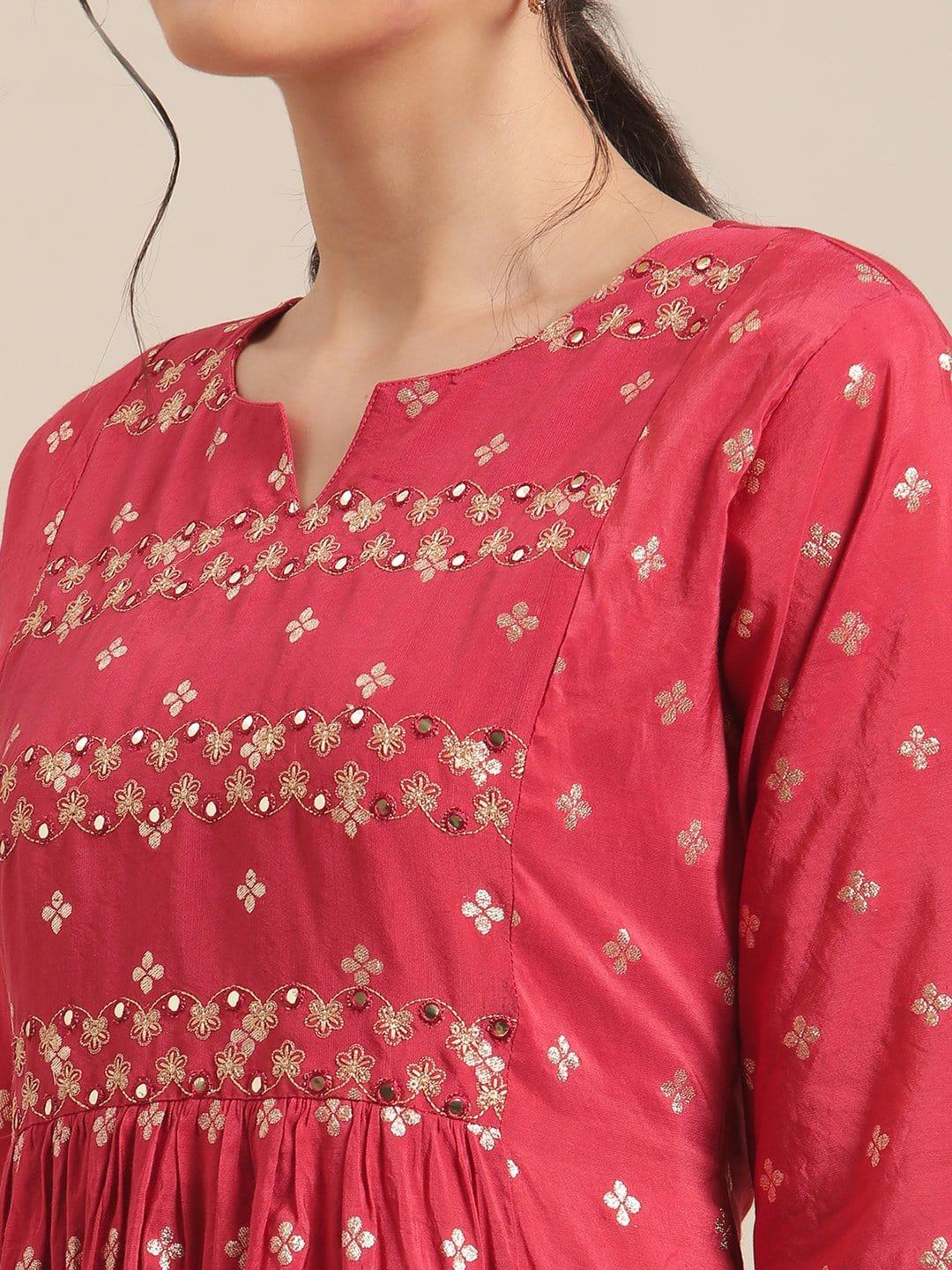 Red Jacquard Flared Kurta With Embroidered Yoke And Regular Sleeve, Kurta Paired With Straight Trouser - Indiakreations