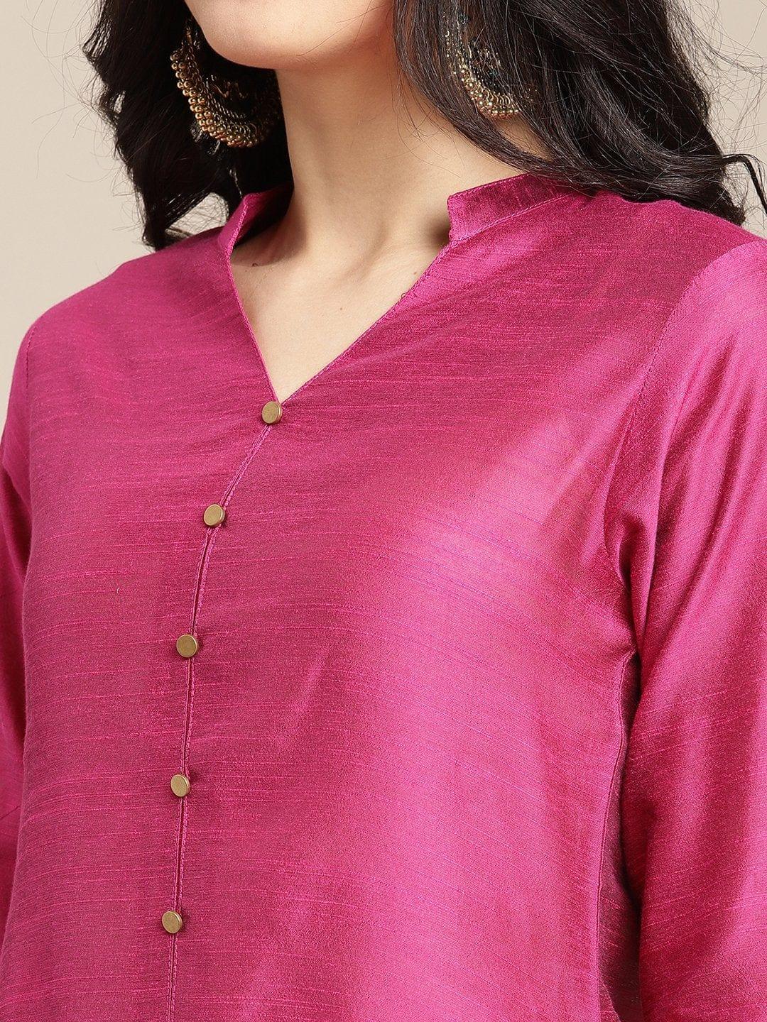 Fuchsia Silk Kurta With Mustard Flared Palazzo And Multi Color Bandhej Dupatta - Indiakreations