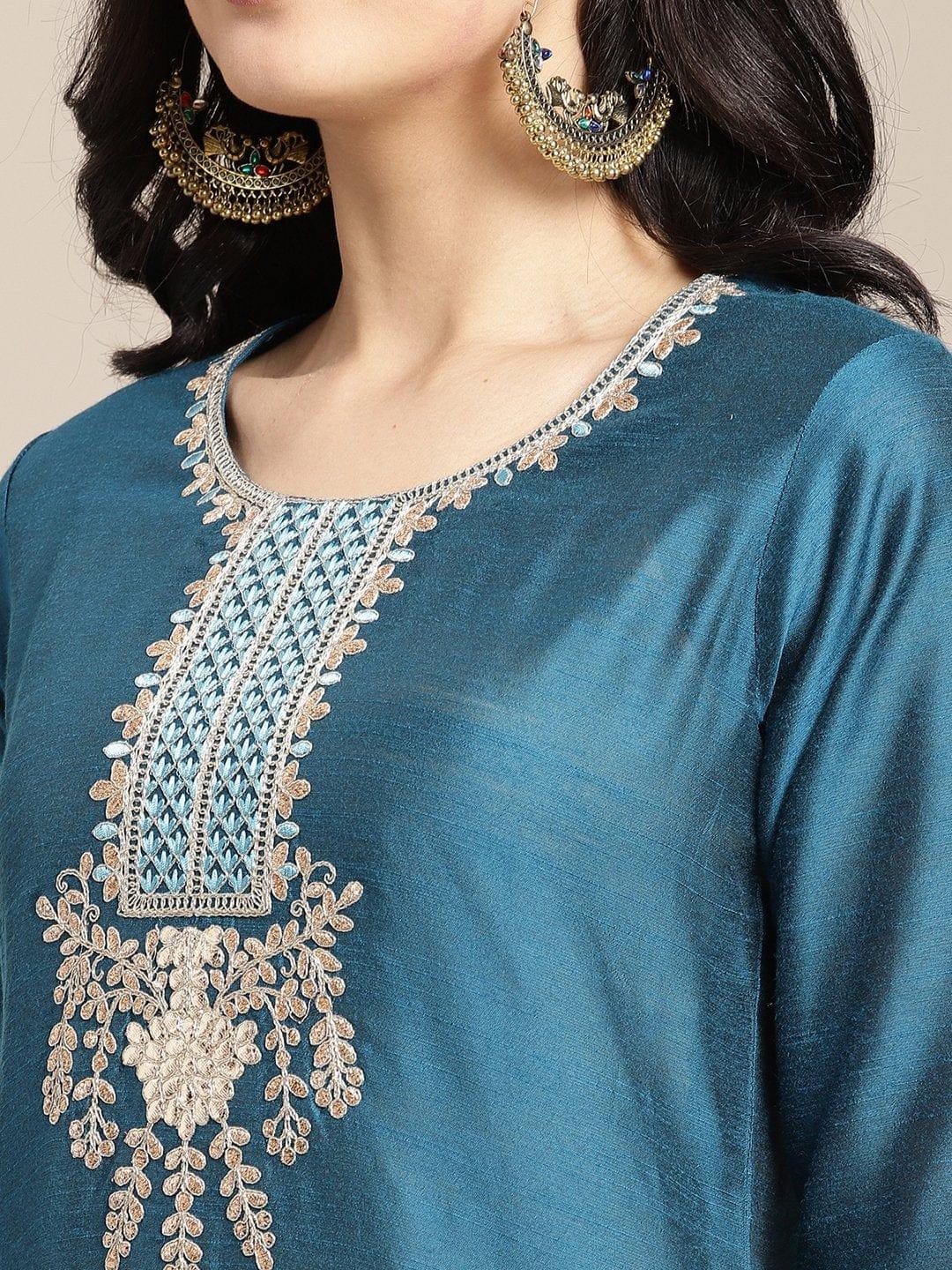 Teal Gota Patti Embroidery Kurta Trouser Set With Ikkat Weave Silk Dupatta - Indiakreations