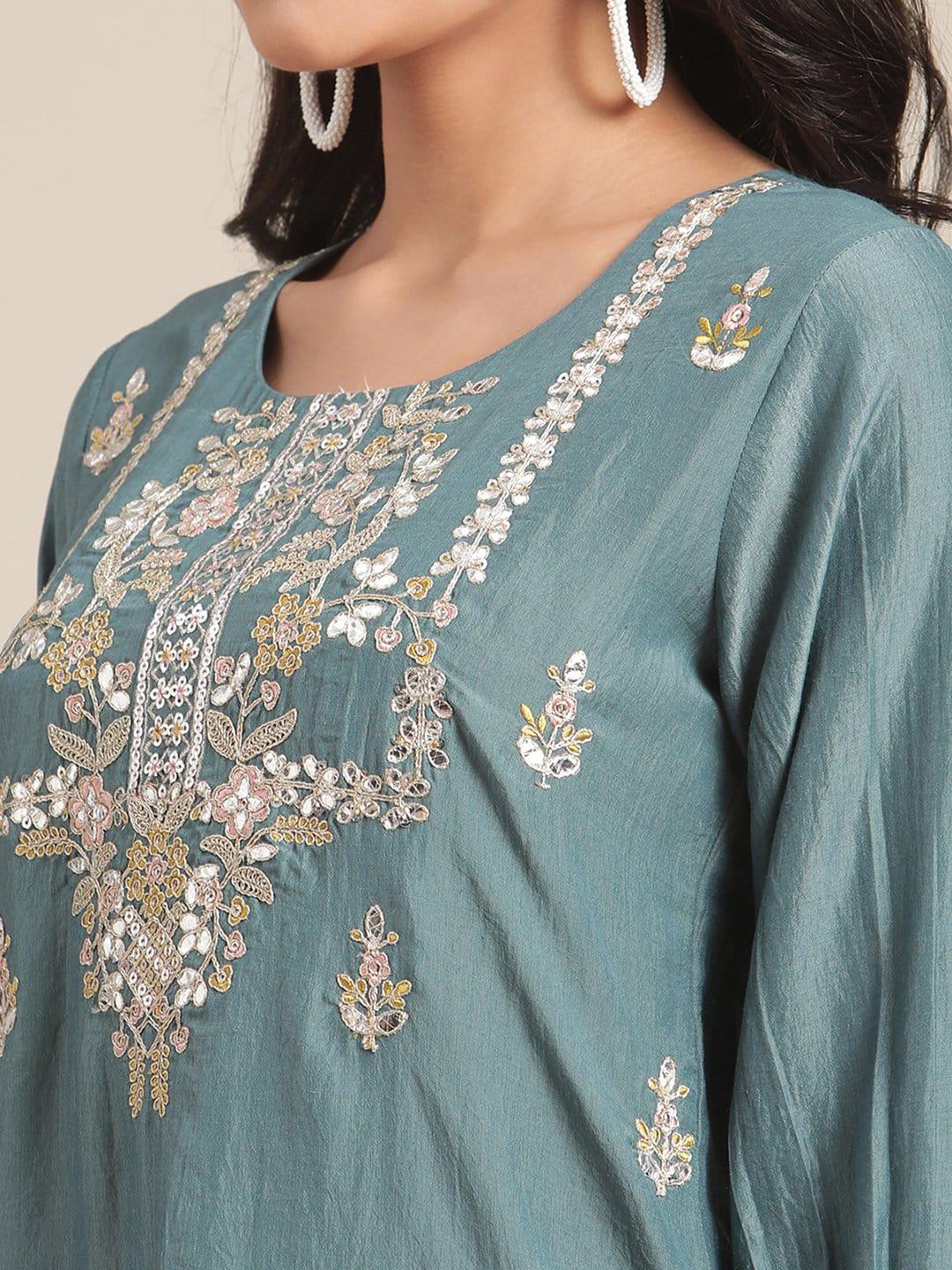 Teal Kurta With Yoke And Overall Buta Embroidery , Paired With Trouser And Pink Dupatta - Indiakreations