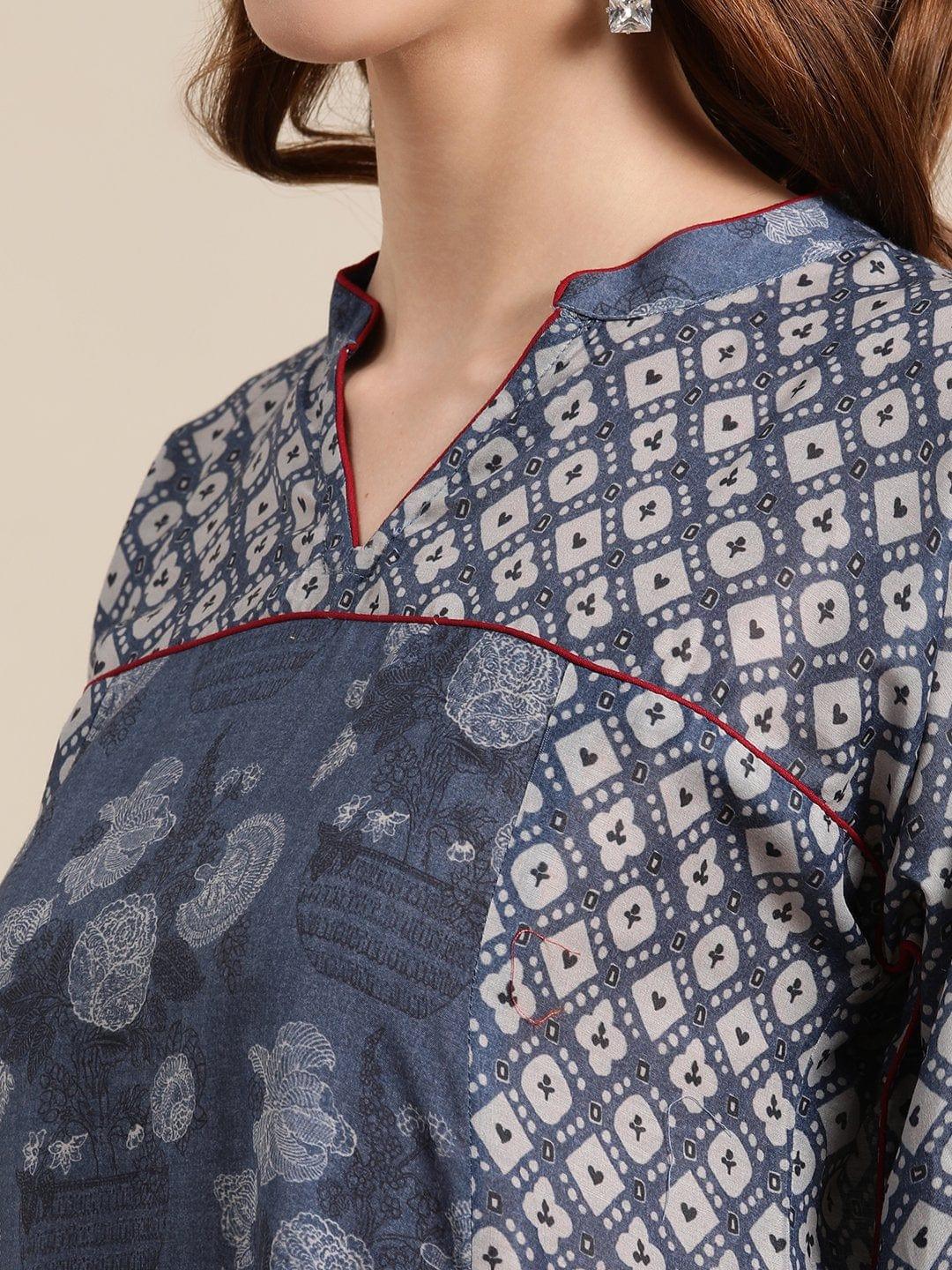 Indigo And Beige printed panelled kurta with scalloped shifflie palazzo - Indiakreations