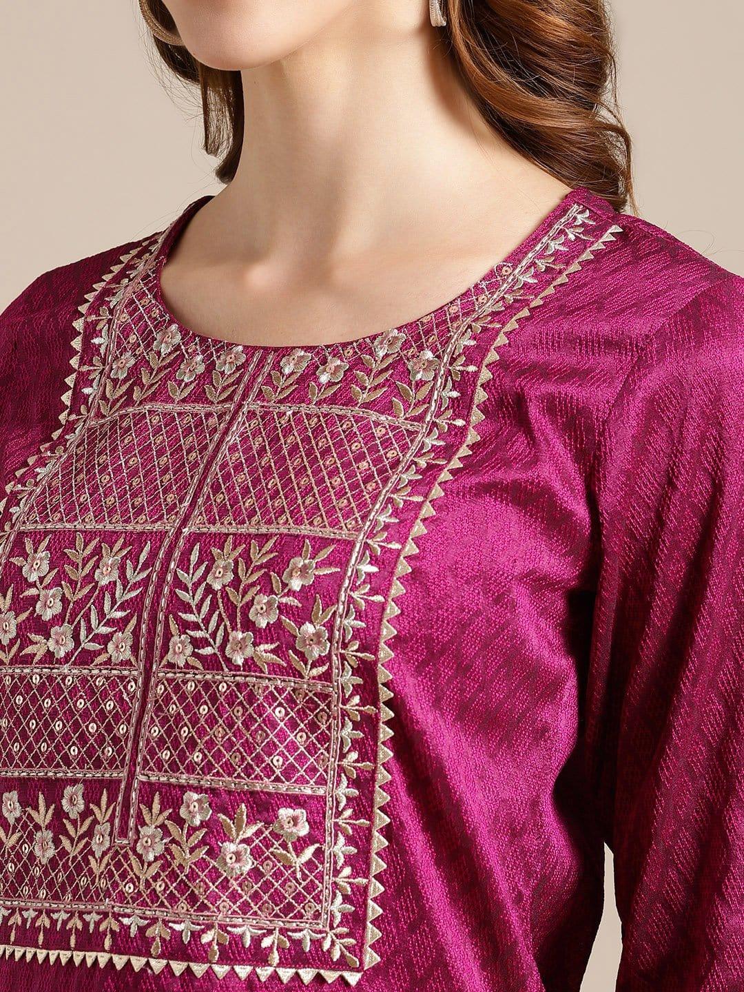 Magenta Floral Zari Embroidery Kurta Trouser Set With Art Silk Dupatta - Indiakreations