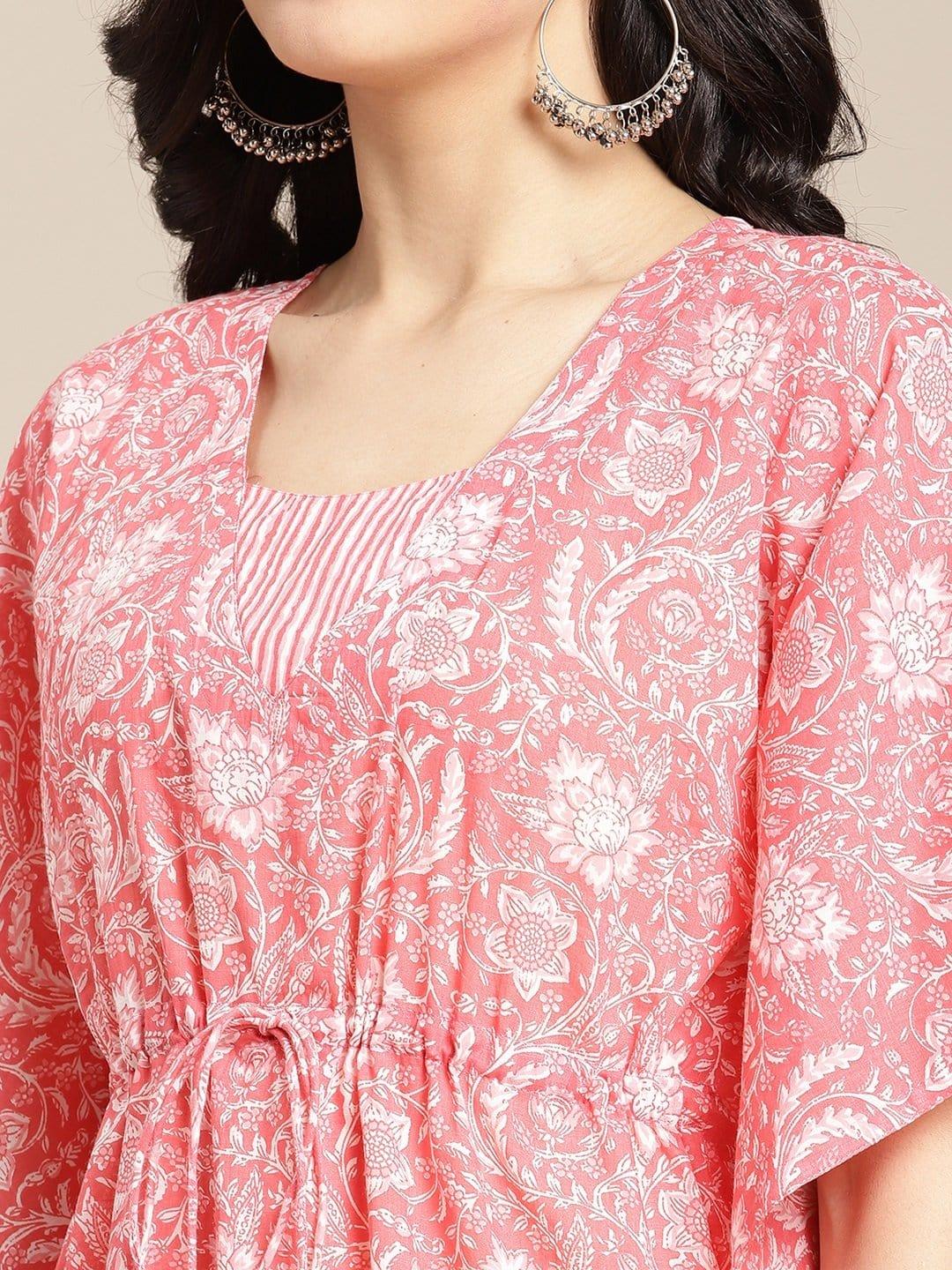 Peach Floral Printed Kaftaan With Straight Pants - Indiakreations