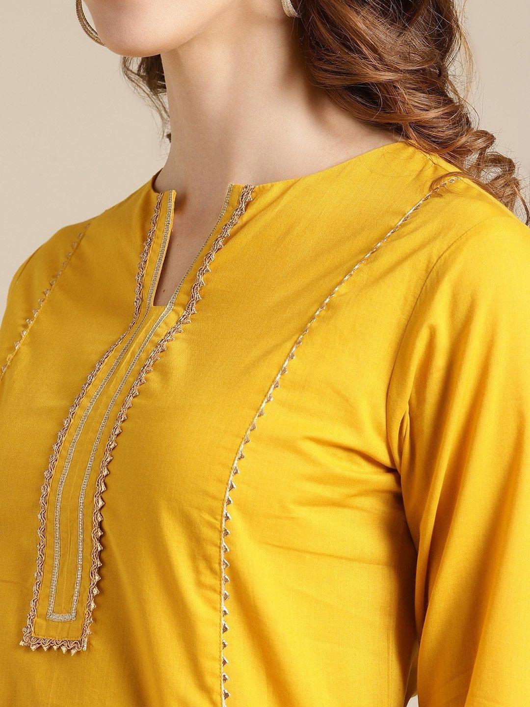 Mustard-Gota-Work-Kurta-With-Mulmul-Gota-Embellished-Tiered-Skirt - Indiakreations