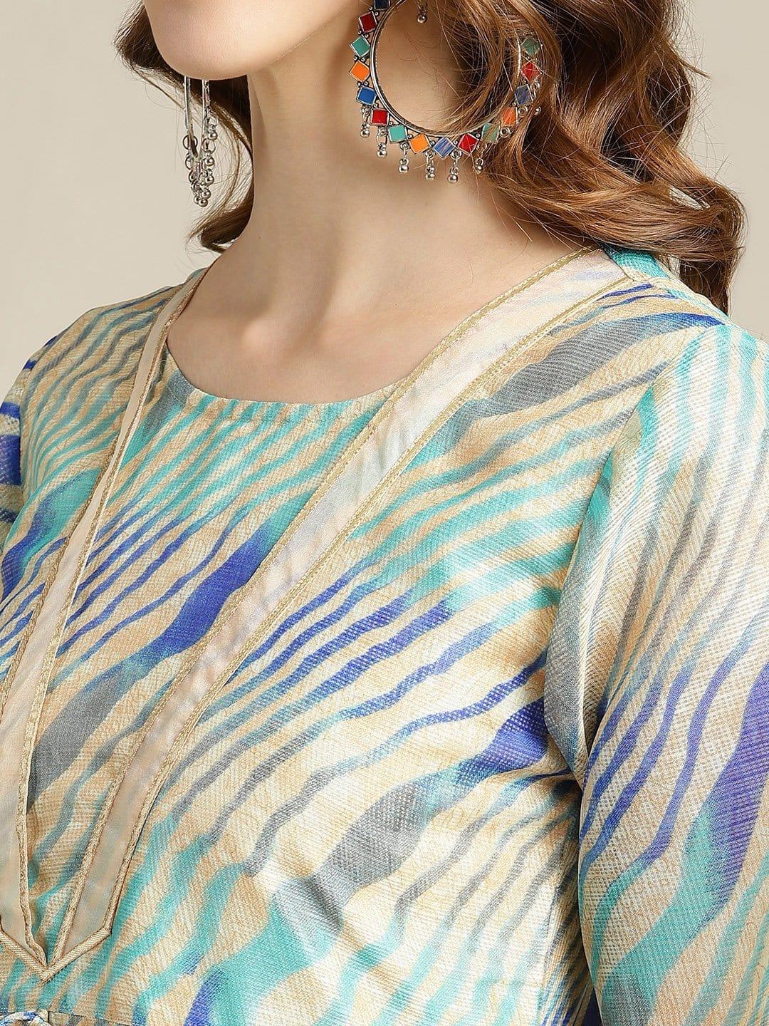 Teal And Beige Leheriya gota embellished Kurta with teal crushed organza palazzo - Indiakreations