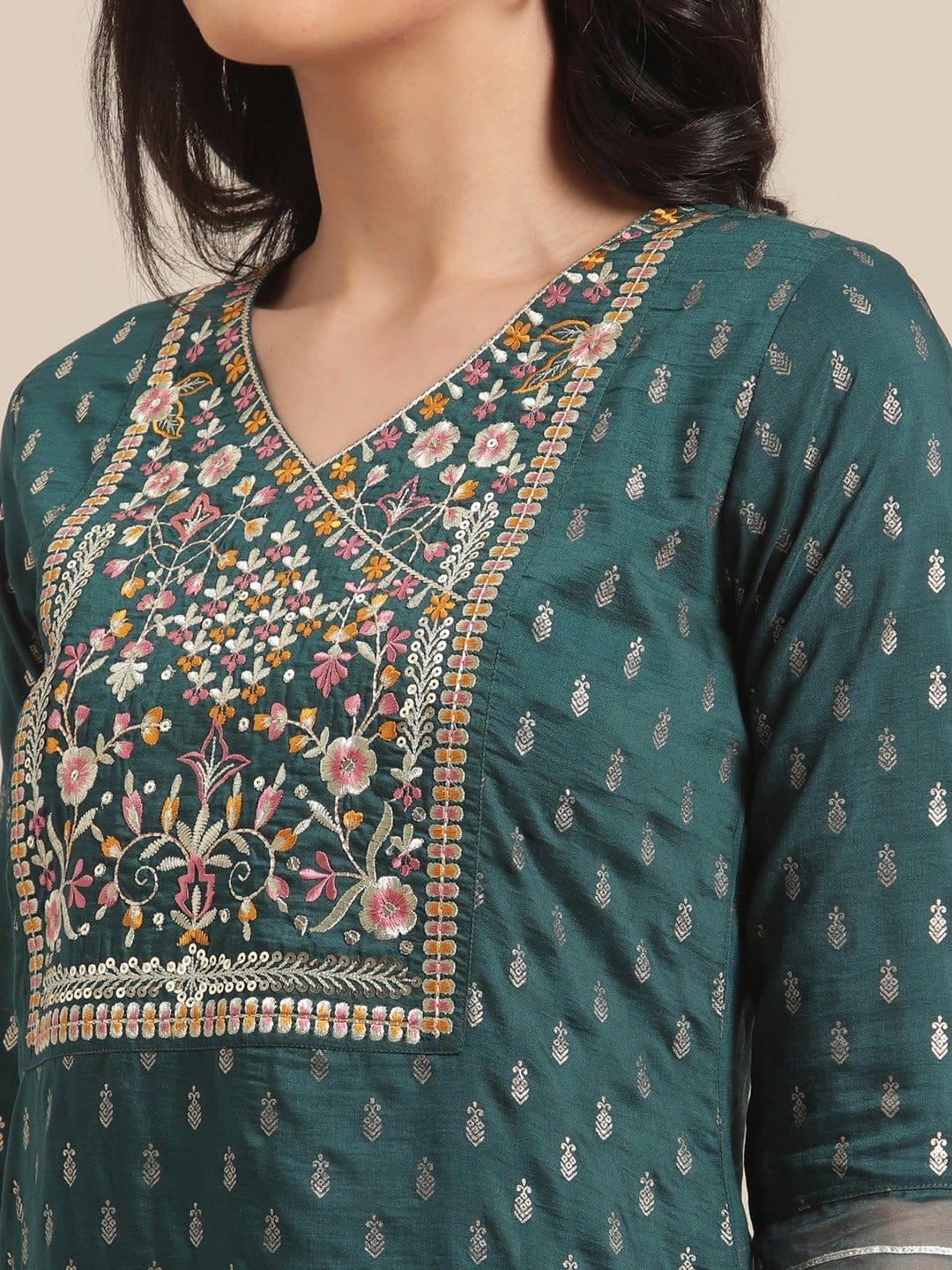 Teal And Gold Foil Printed And Floral Embroidery Kurta With Organza Gota Embellished Sleeves - Indiakreations