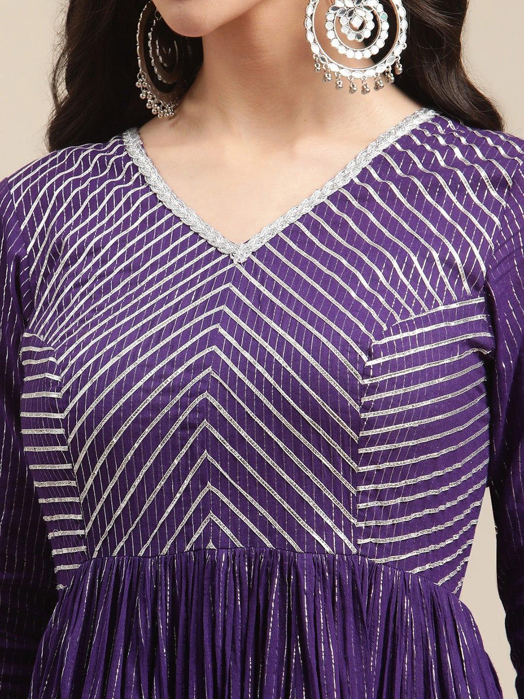 Purple Silver Lurex Anarkali With Heavy Gota Embellishment On Yoke And Hemline - Indiakreations