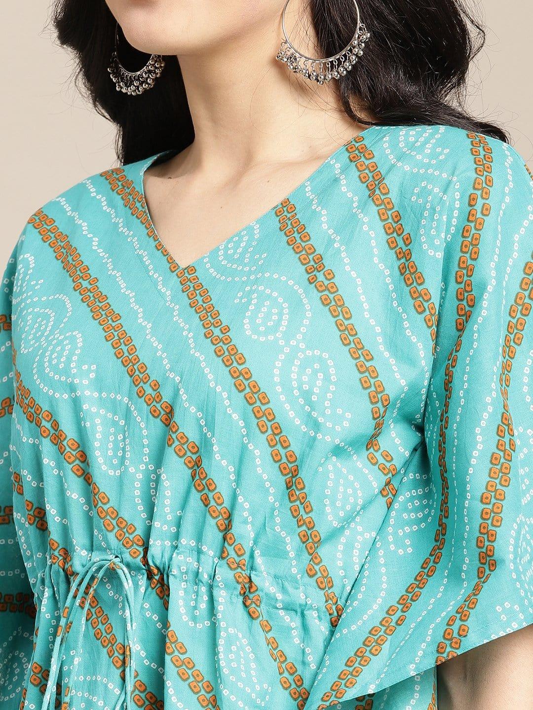 Turquoise Bandhani Printed Kaftaan With Straight Pants - Indiakreations