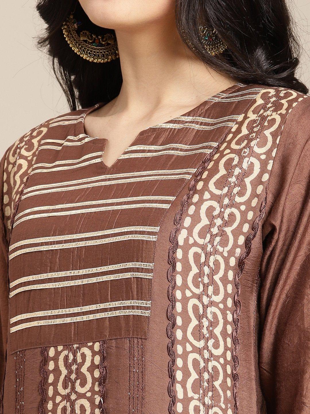 Batik Printed Brown And Beige Kurta With Yoke Highlighted And Paired With Straight Pant And Dupatta - Indiakreations