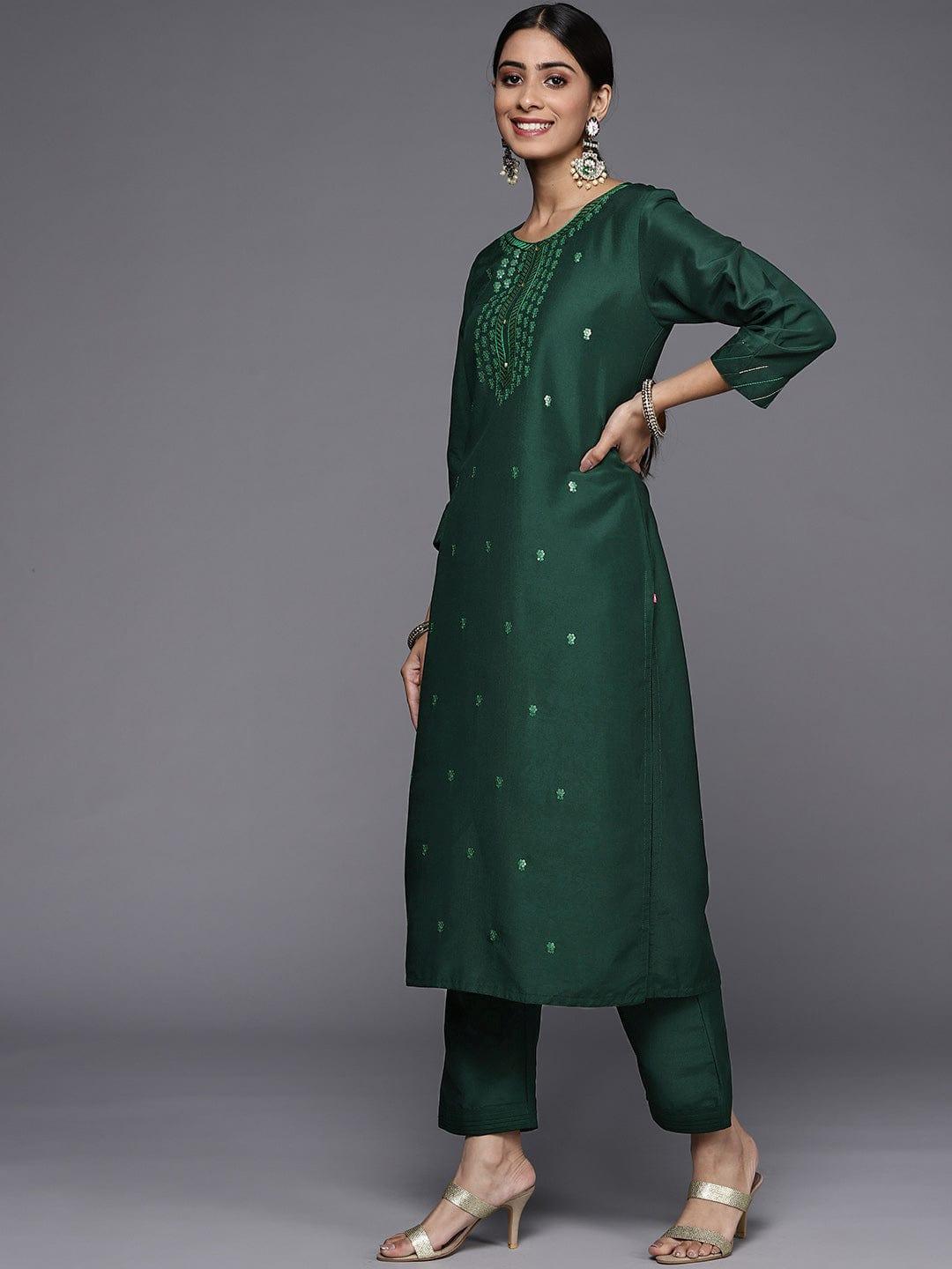 Varanga Women Green Ethnic Motifs Embroidered Kurta with Trousers & Dupatta - Indiakreations