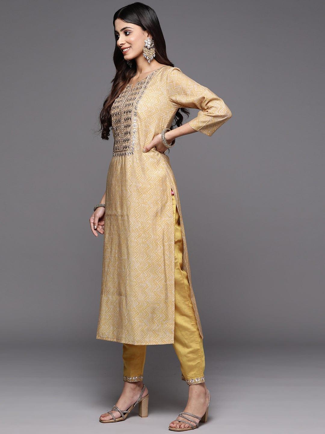 Varanga Women Mustard Yellow Printed Mirror Work Kurta with Trousers & Dupatta - Indiakreations