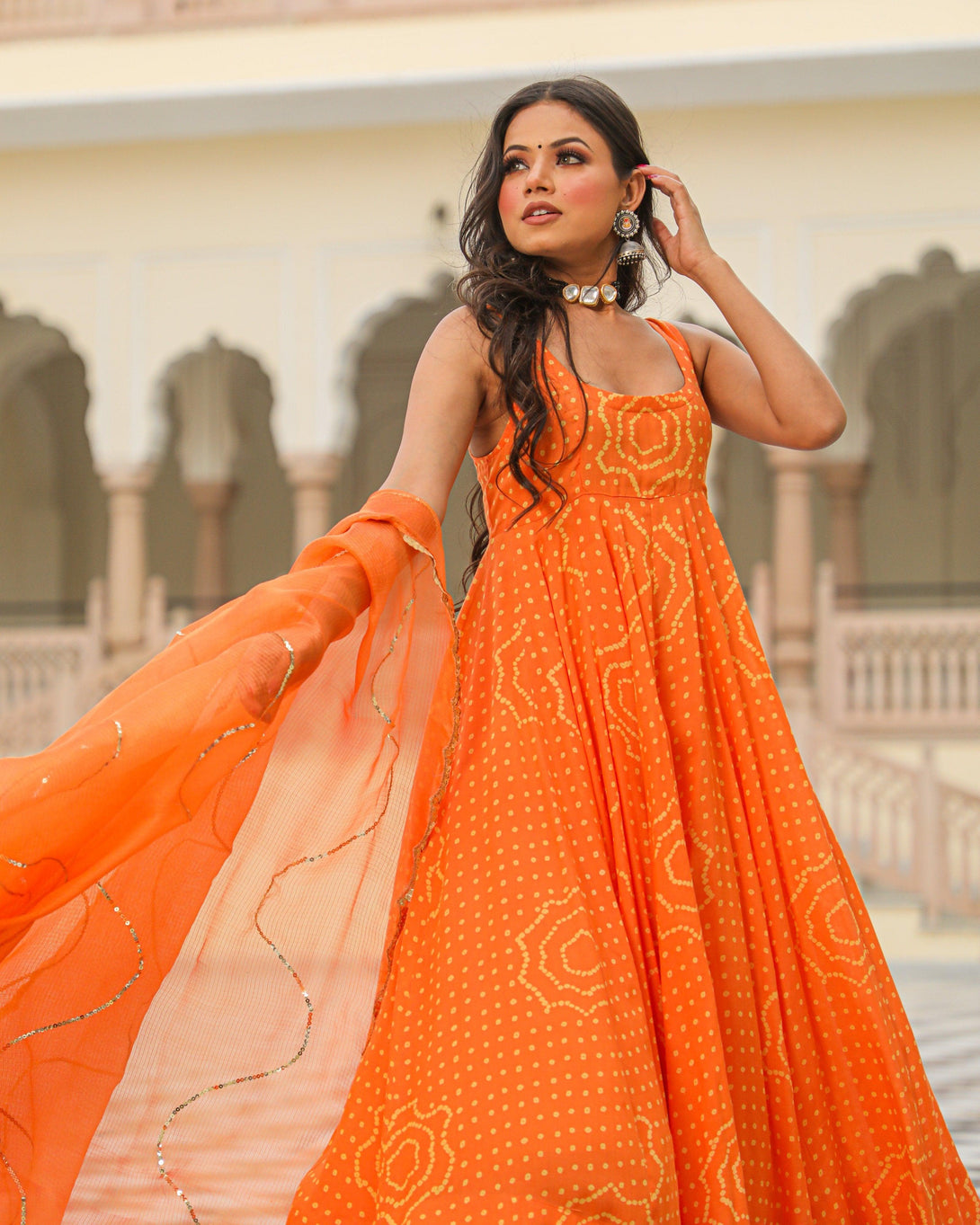 Women's Orange Bandhej Modal Anarkali Kurta Pant Dupatta Set - Baisacrafts - Indiakreations