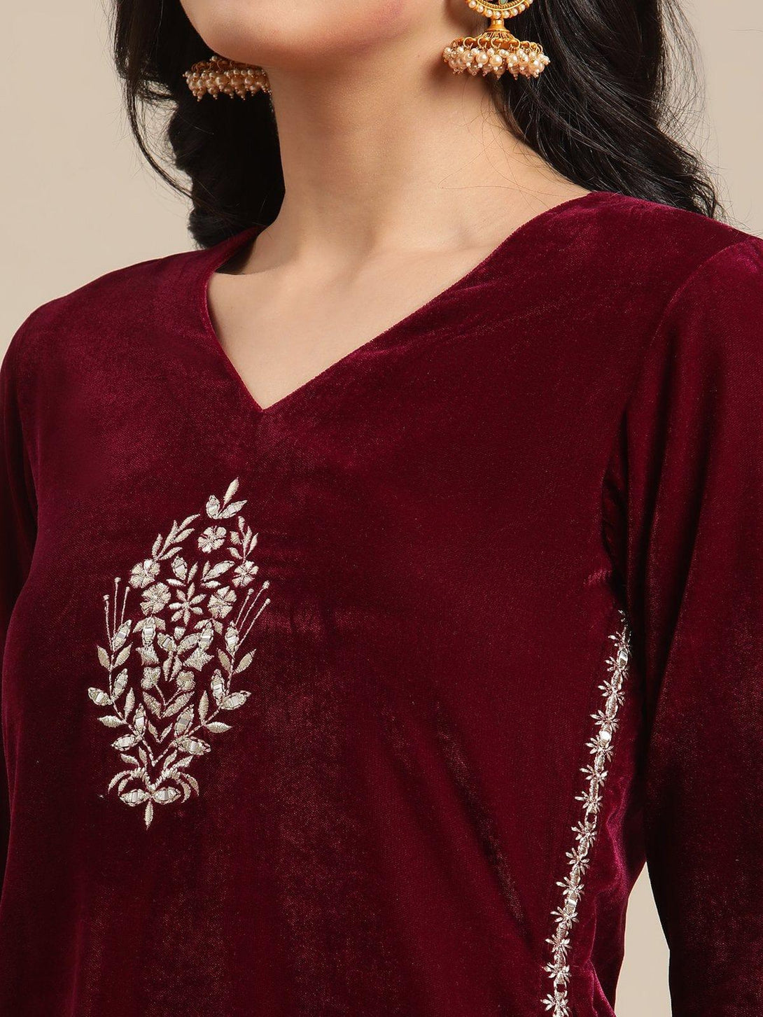 Round Neck Embroidred Velvet Kurta With Long Sleeves And Having Side Slit Paired With Brocade Bottom - Indiakreations