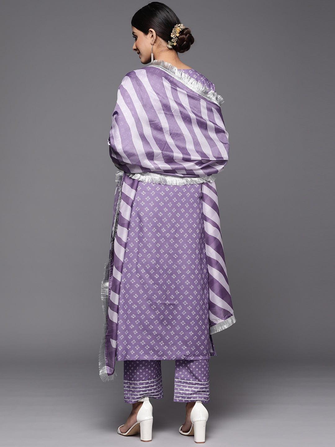 Varanga Women Purple Bandhani Printed Kurta with Trousers & With Dupatta - Indiakreations