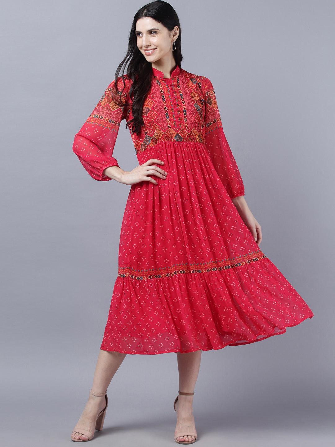 Women's Stylish Red 3/4 Sleeve Dress - Myshka - Indiakreations