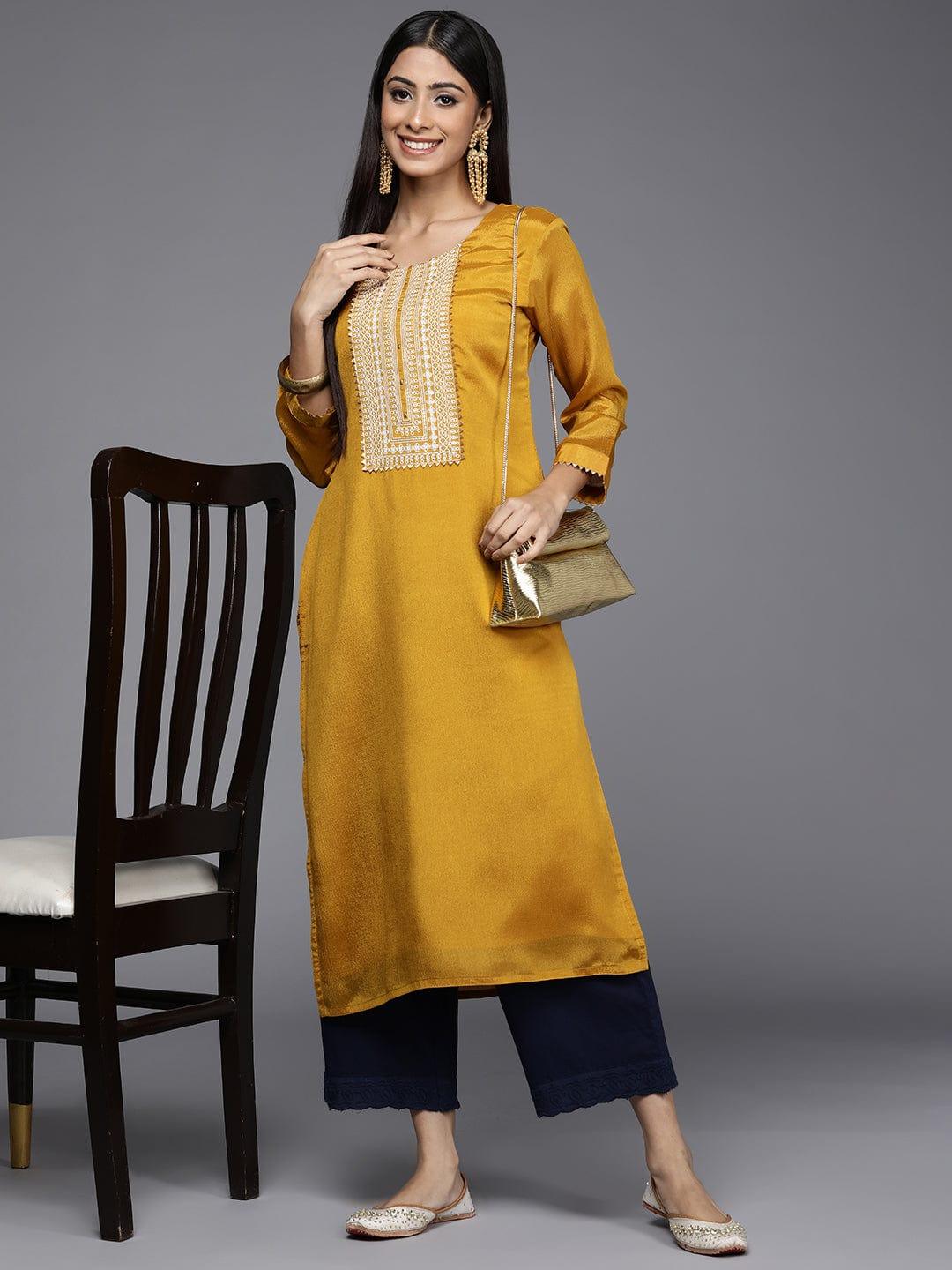 Varanga Women Mustard Yellow Ethnic Motifs Embroidered Gotta Patti Kurta - Indiakreations