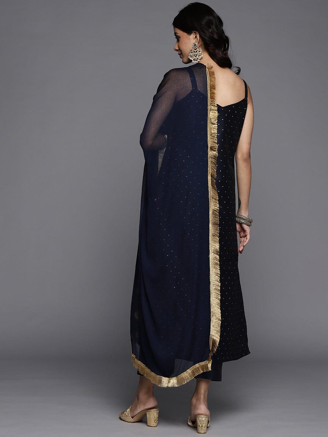 Varanga Women Navy Blue Printed Kurta with Trousers & Dupatta - Indiakreations