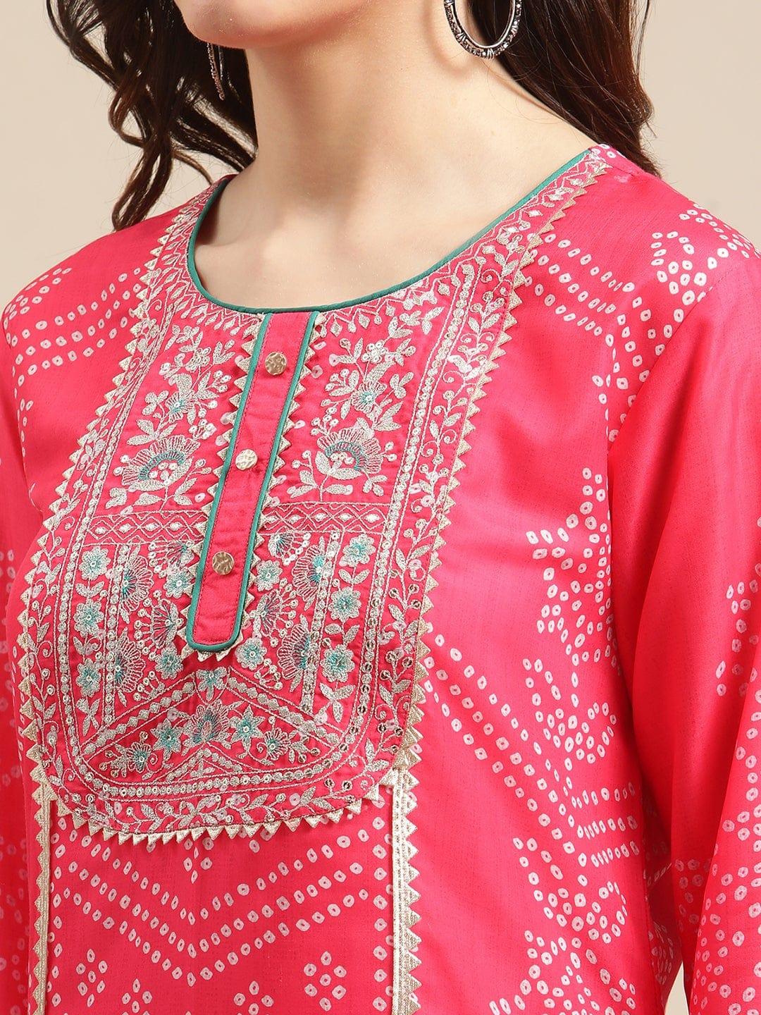 Pink Zari Embroidered Kurta Palazzo Set With Lace Embellished Bandhej Dupatta - Indiakreations