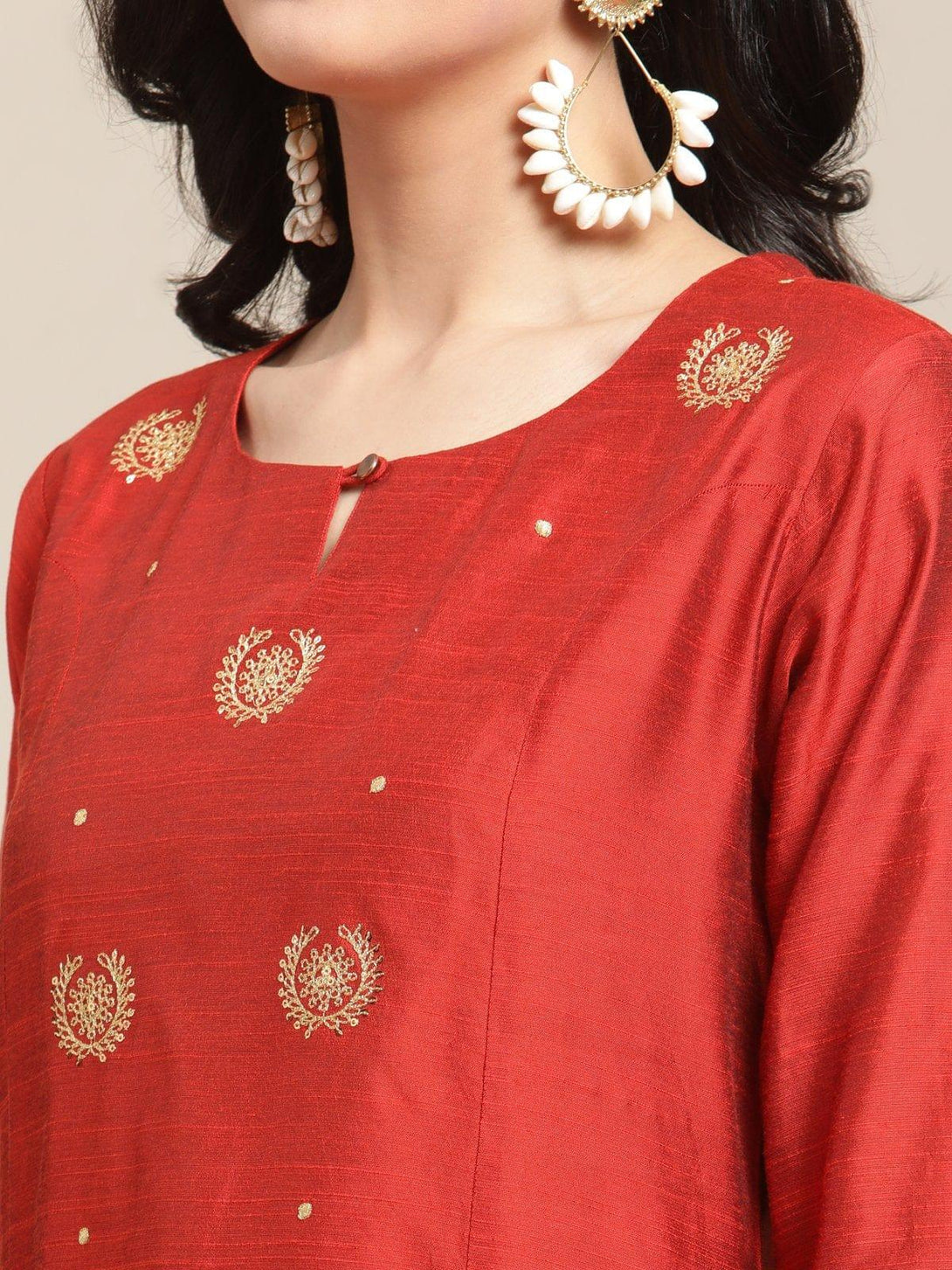 Rust Zari And Sequins Embroidery Kurta With Trouser And Bandhej Silk Dupatta - Indiakreations