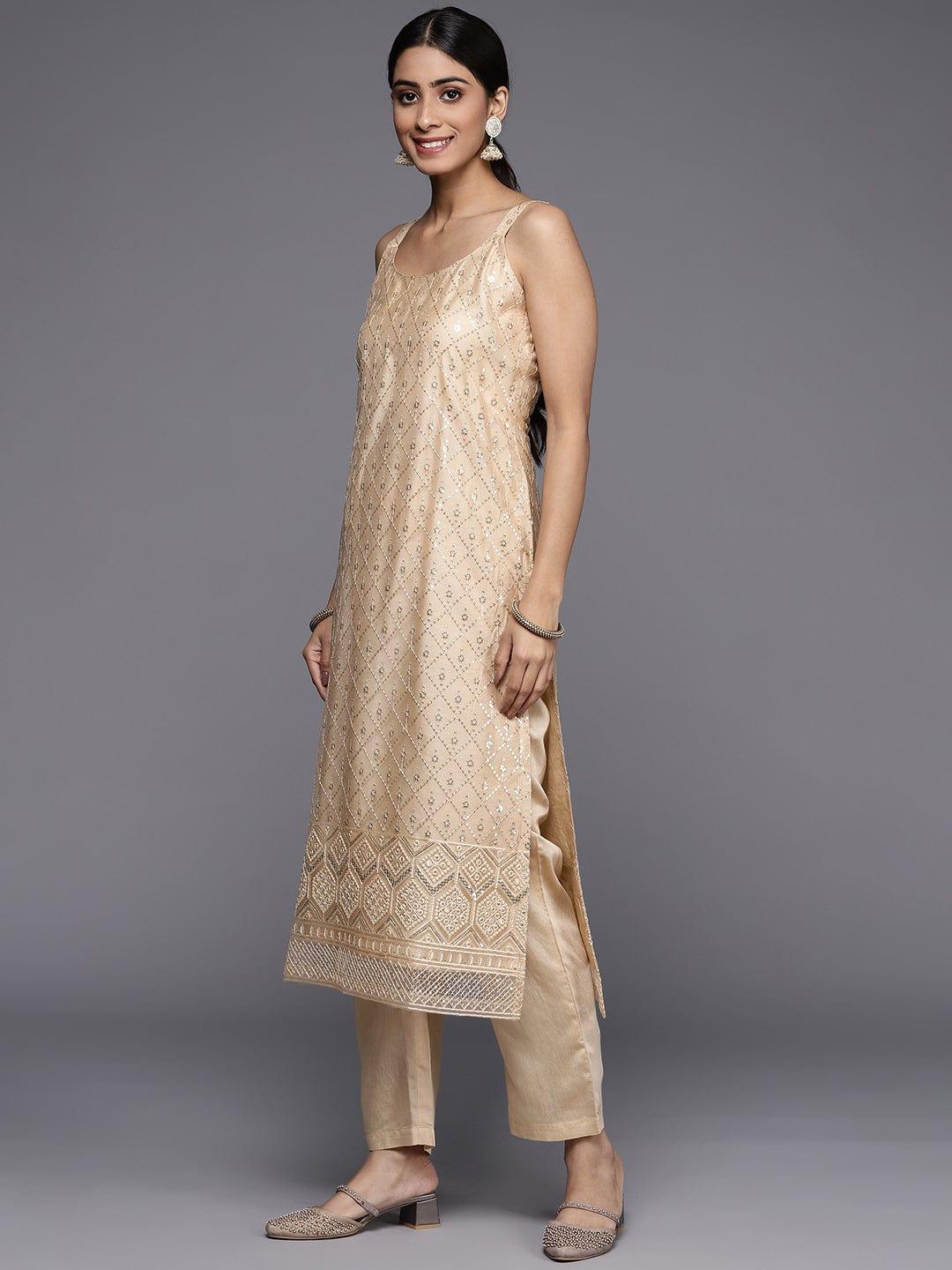 Varanga Women Beige Sequinned Kurta with Trousers & With Dupatta - Indiakreations